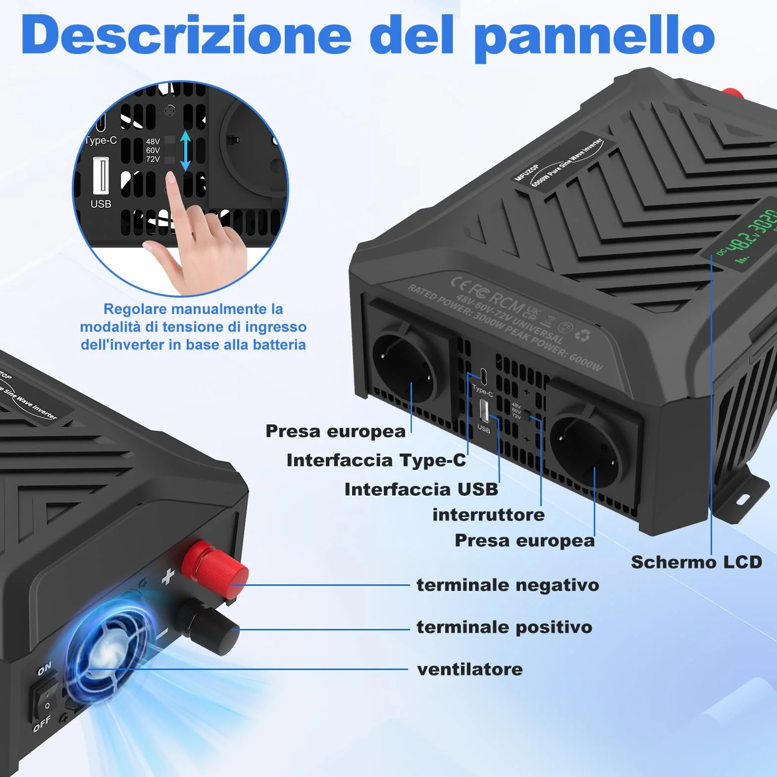 Power Inverter 48V/60V/72V a 230V Onda Pura 3000w/6000w, Convertitore di Tensione con Sistema di Rilevamento Intelligente, Ingresso Regolabile, Display LCD, 2 AC, 1 Type-C, 1 USB 5V 2.1A