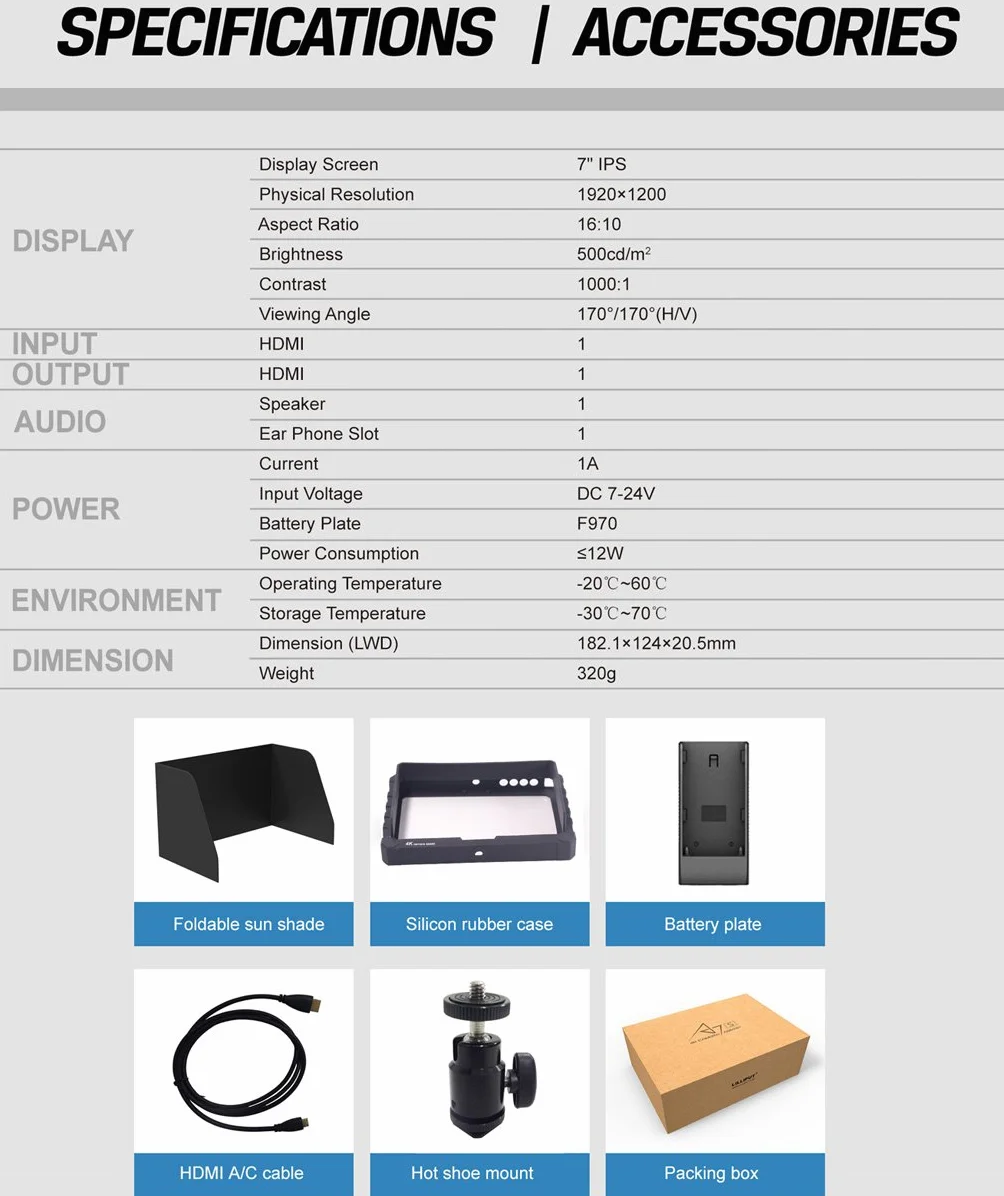 nero Lilliput A7S 7 pollici 1920x1200 IPS Screen Camera Field Monitor 4K HDMI Input output DSLR Camera A7 A7R A7S II A6500 GH4 GH5 5D Mark IV 6D 7D 70D 80D Ronin M