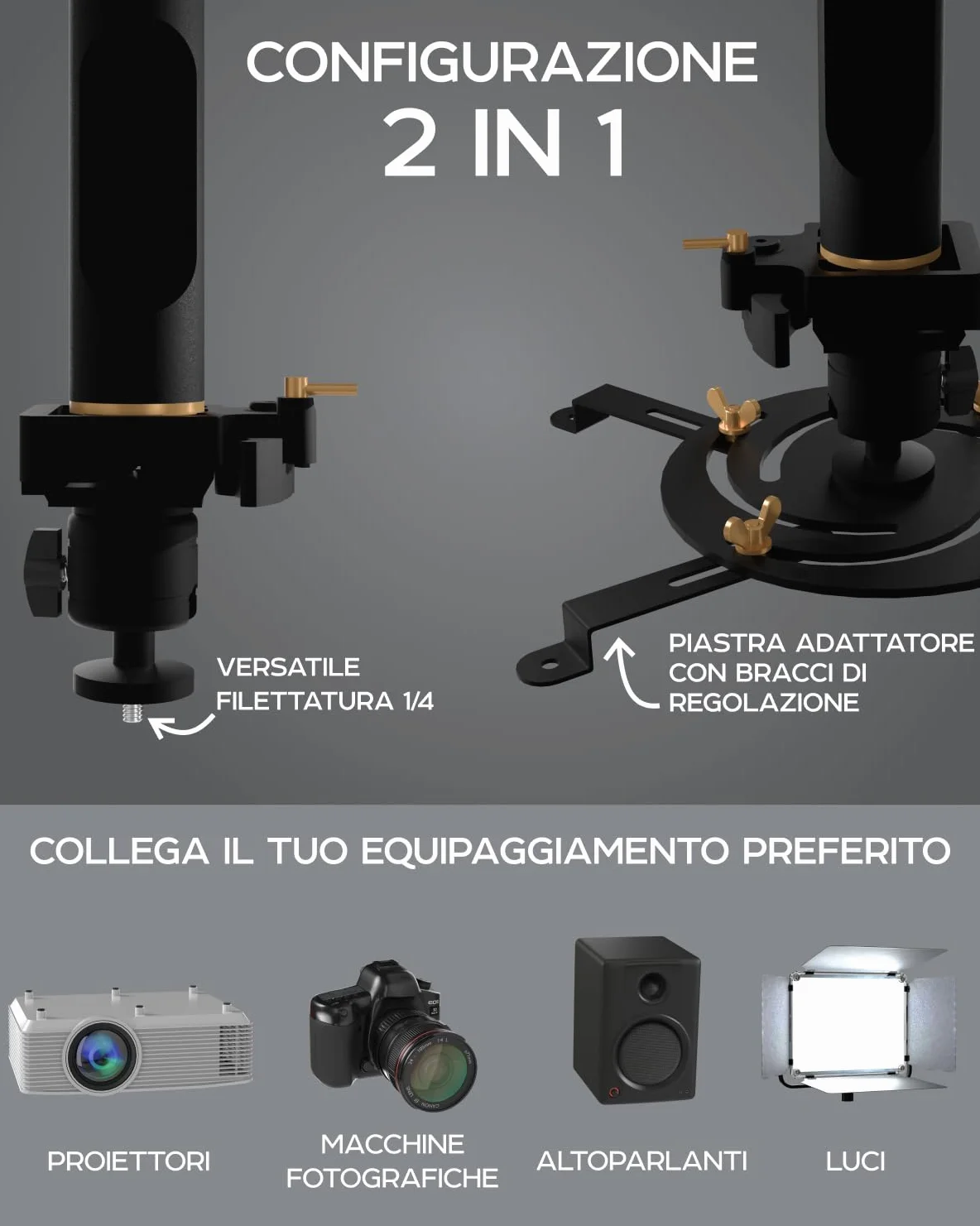 Supporto universale per proiettore PropVue - Supporto regolabile a soffitto o a parete per mini proiettori da ufficio e per la casa - Facile installazione, girevole a 360°, lunghezza da 35 a 53 cm
