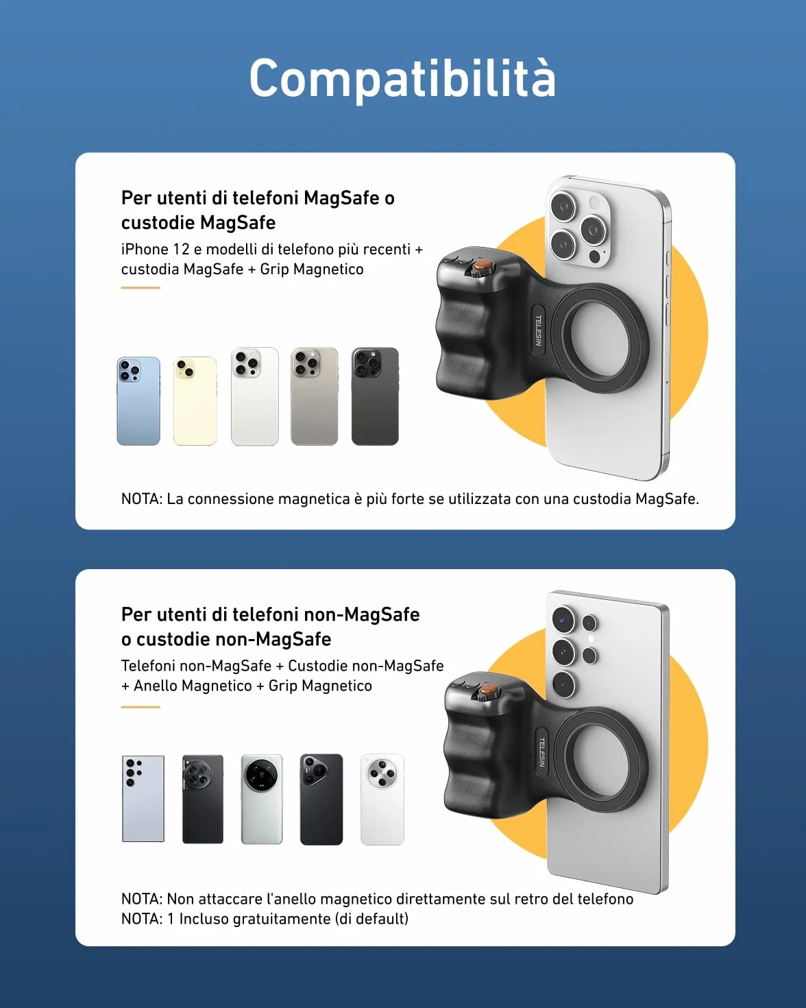 TELESIN Fun Shot Impugnatura Smartphone, Magnetica Impugnatura per Smartphone con Telecomando Bluetooth Staccabile, Filettatura da 1/4, Compatibile con iPhone & Android, Selfie Vlog (Nero)