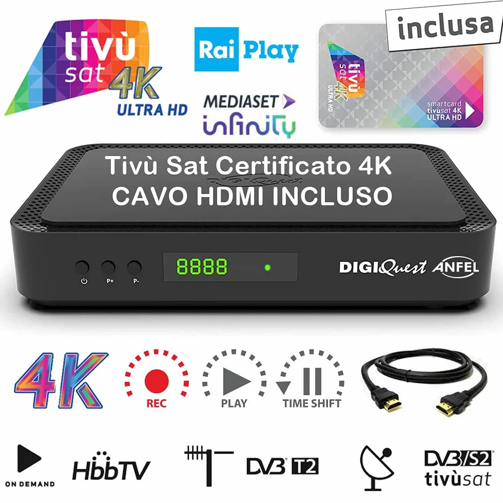 Decoder Ricevitore Tivù Sat Combo Digitale DVB-T2 Satellitare DVB-S2 Tivusat con scheda 4K HD UHD Tivusat inclusa Funzione PVR registrazione MAIN 10 HEVC H265 SCR e DCSS HbbTV On-demand rai e mediaset