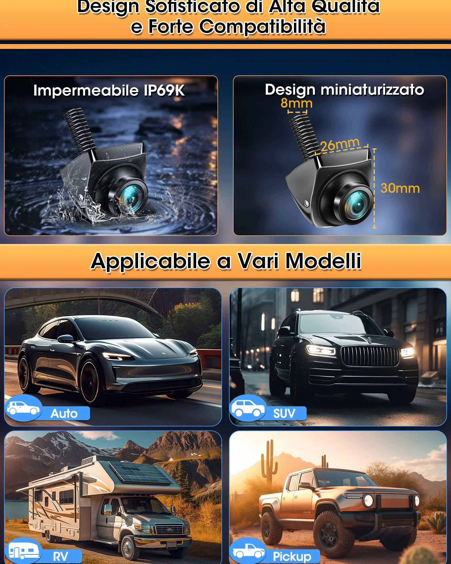 4 Modalità di Segnale Telecamera Retromarcia Auto 360° Ruotabile Supporta i Modelli AHD 1080P/720P/NTSC/PAL Telecamera di Retromarcia per Auto Camion Super Visione Notturna 170° Grandangolo