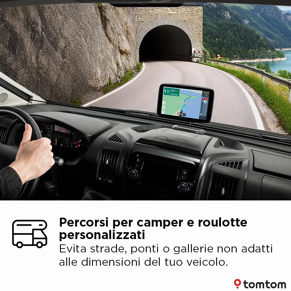 TomTom Navigatore per camper e roulotte GO Camper Tour (schermo da 6", PDI per camper, aggiornamenti Wi-Fi, TomTom Traffic, 6 mesi di avvisi autovelox, mappe d'Europa, indicatore corsia in movimento)