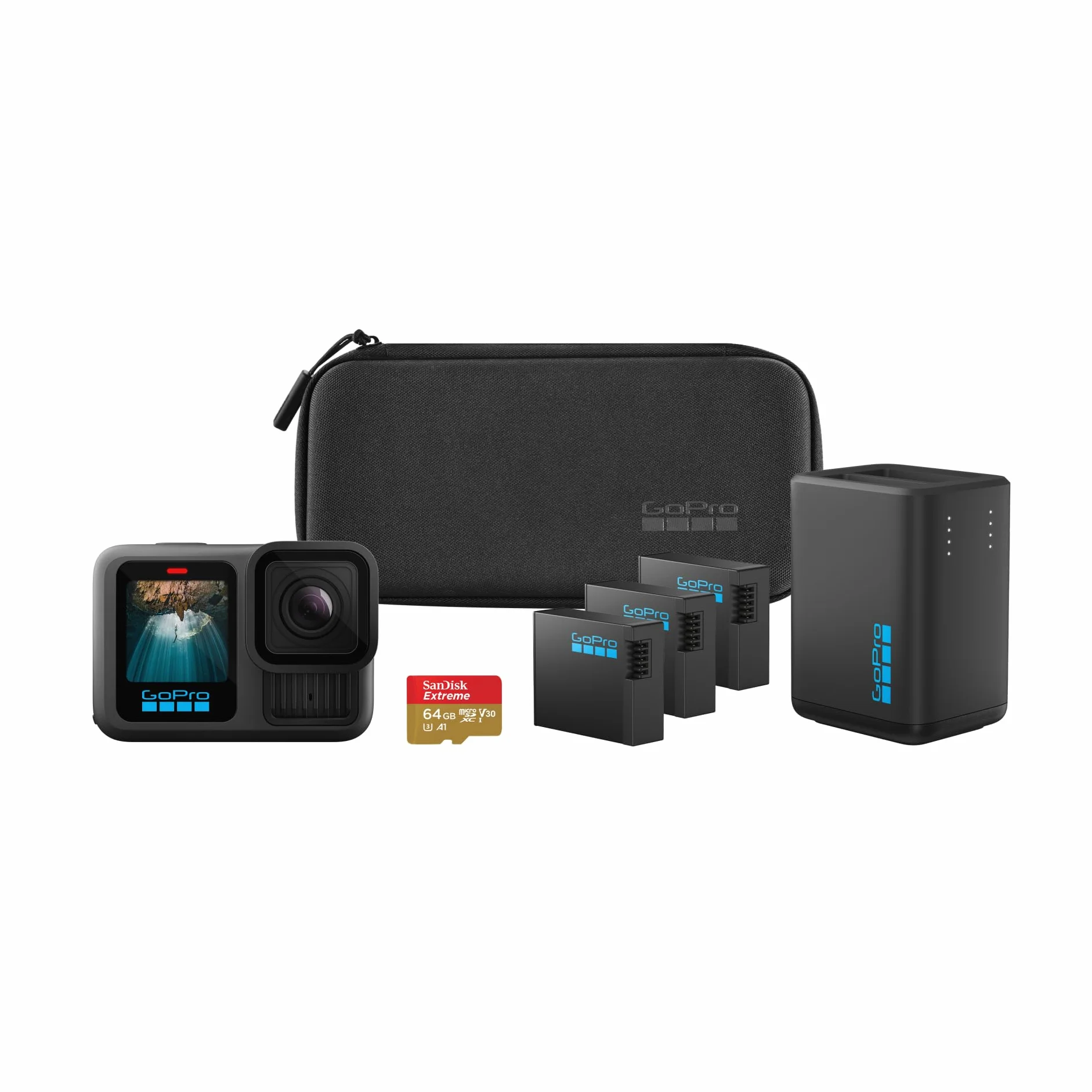 GoPro HERO13 Black Extended Power Bundle - Include caricabatteria doppio, 3 batterie Enduro, scheda microSD da 64 GB, supporto adesivo curvo e custodia per fotocamera