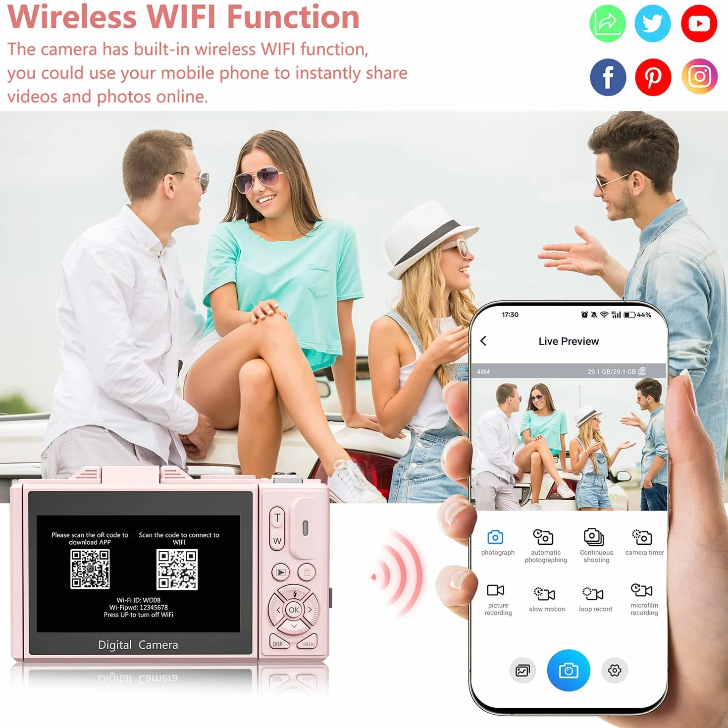 Fotocamera digitale per fotografia, 4K Vlogging Camera per YouTube 3 pollici 180° Flip Screen Zoom digitale 18X Fotocamera compatta con 32GB TF Card & 2 Batterie, Rosa