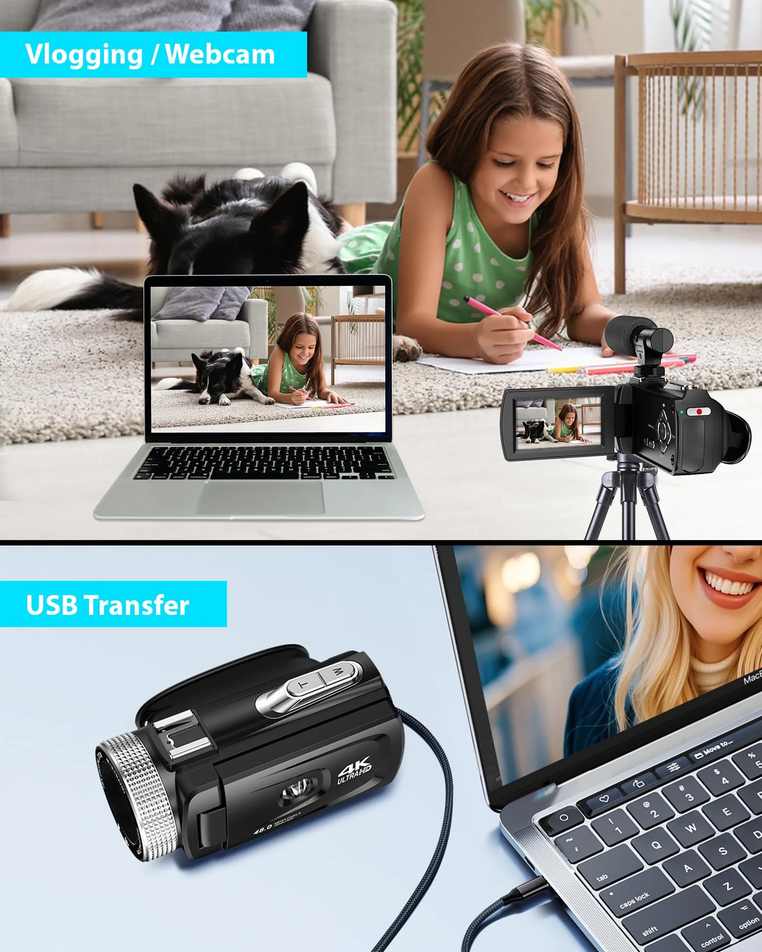 Videocamera 4K 48MP, Zoom Digitale 18X Camcorder, Vlogging Camera per YouTube, Schermo Rotante da 3,0" 270° Vlog Camera, Video Kamera con Scheda da 32 GB, 2 Batterie, Microfono, Telecomando (HDV900-2)