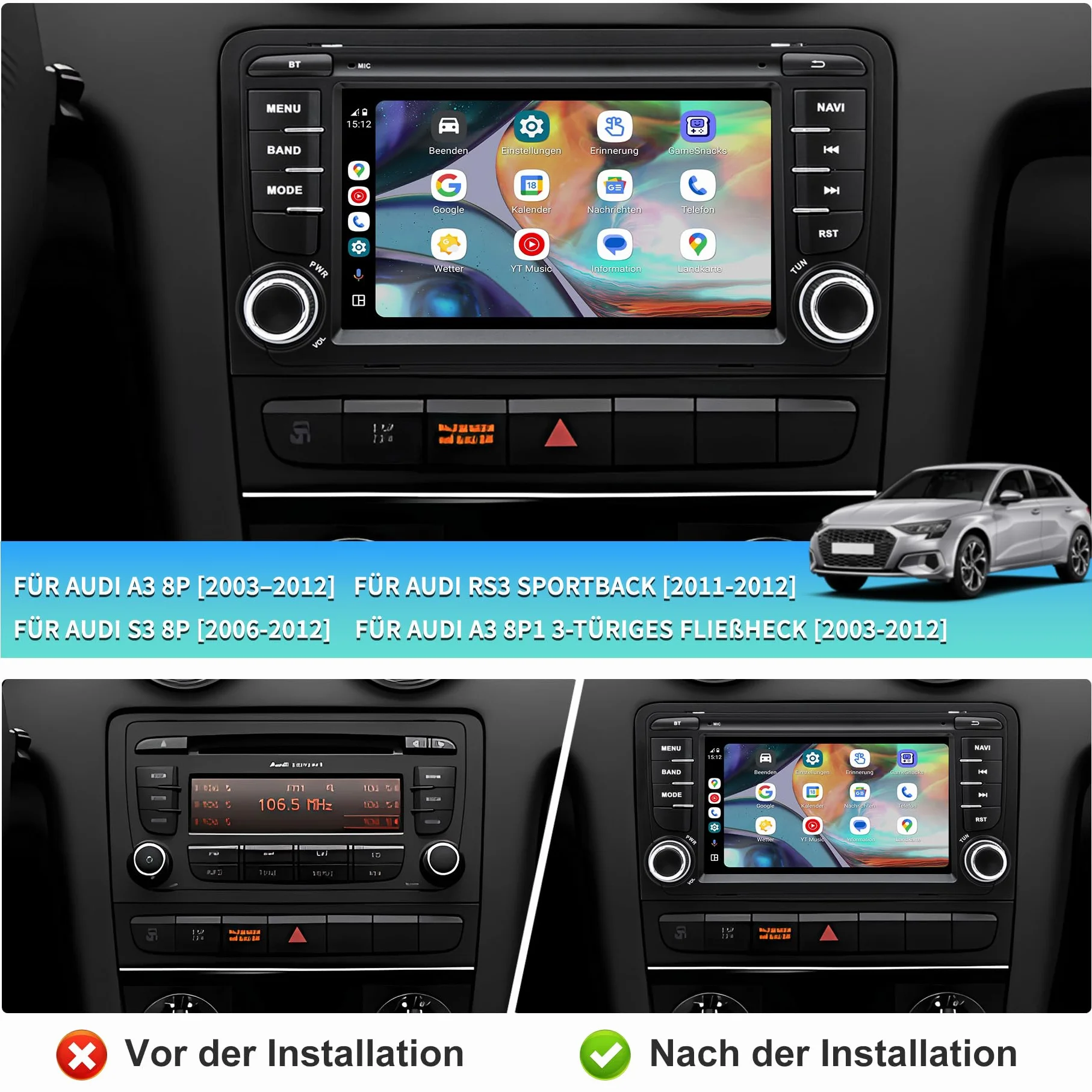 Autoradio Android 13 per Audi A3/S3/RS3 8P (2003-2012), touchscreen HD da 7 pollici, CarPlay/Android Auto wireless, Navigazione GPS, Wi-Fi, Bluetooth + Telecamera posteriore HD, Comandi al Volante