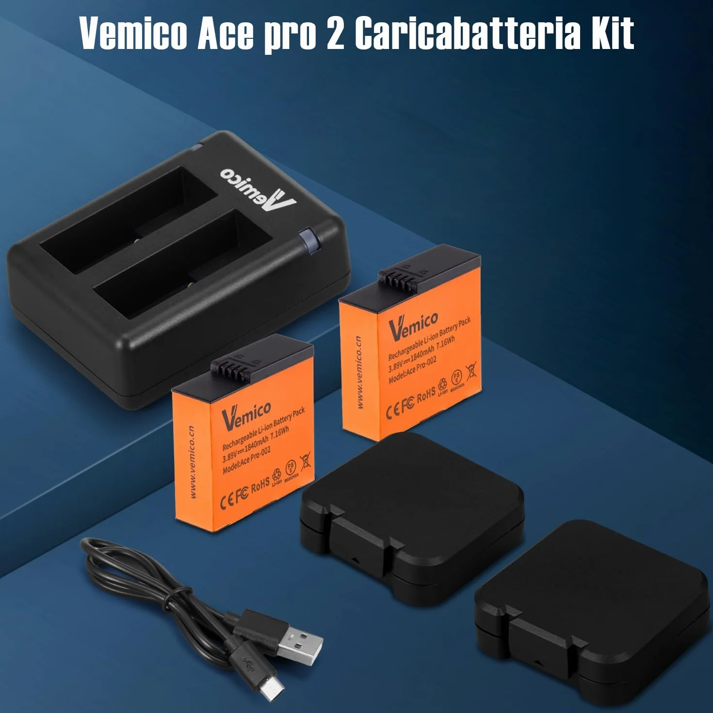 Vemico 360 Ace Pro 2 batterie di ricambio 2 x 1840 mAh Dual Tipo-C Canale caricatore LED con interfaccia di ricarica micro USB per fotocamera / 360 Ace Pro 2/360 Ace / 360 Ace Pro