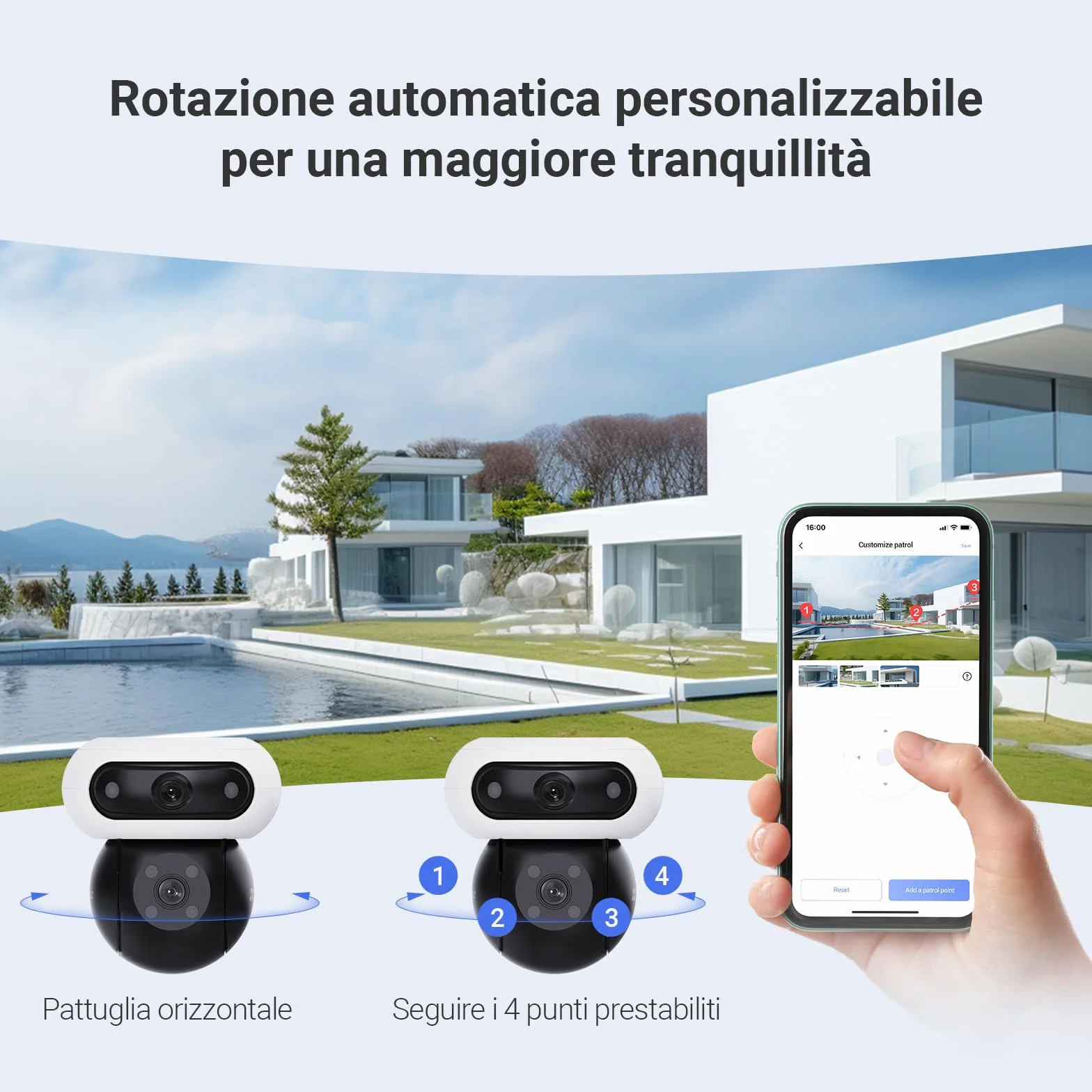EZVIZ 8MP (4MP+4MP) Telecamera WiFi Esterno con Doppia Lente, Telecamera per Esterni a 360°, Visione Notturna a Colori, Rilevamento Persone/Veicoli, Audio Bidirezionale, Impermeabile, C90 Dual