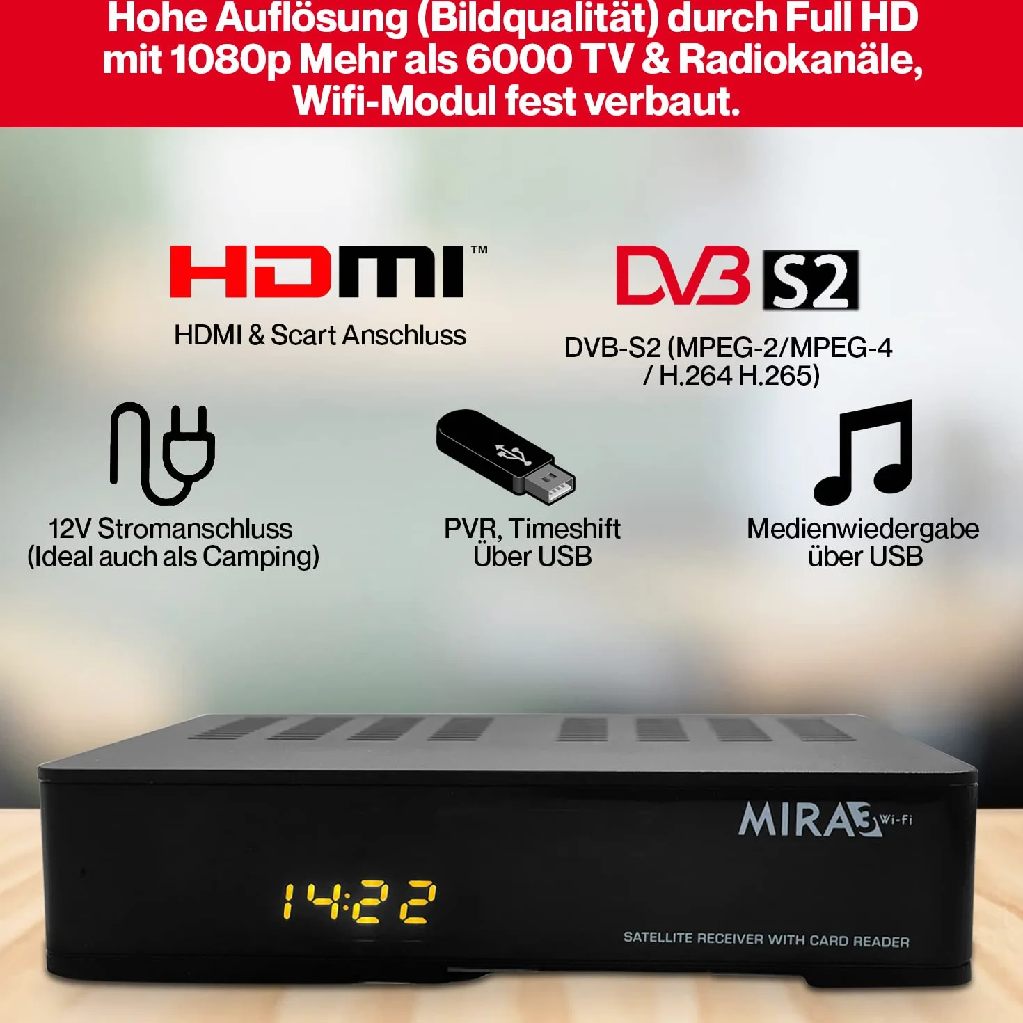 Amiko MIRA3 - Ricevitore satellitare HD con funzione di registrazione, slot per schede, Timeshift, HDMI, PVR, USB, WiFi, AAC-LC, SCART, coassiale, ricevitore satellitare HD per satelliti