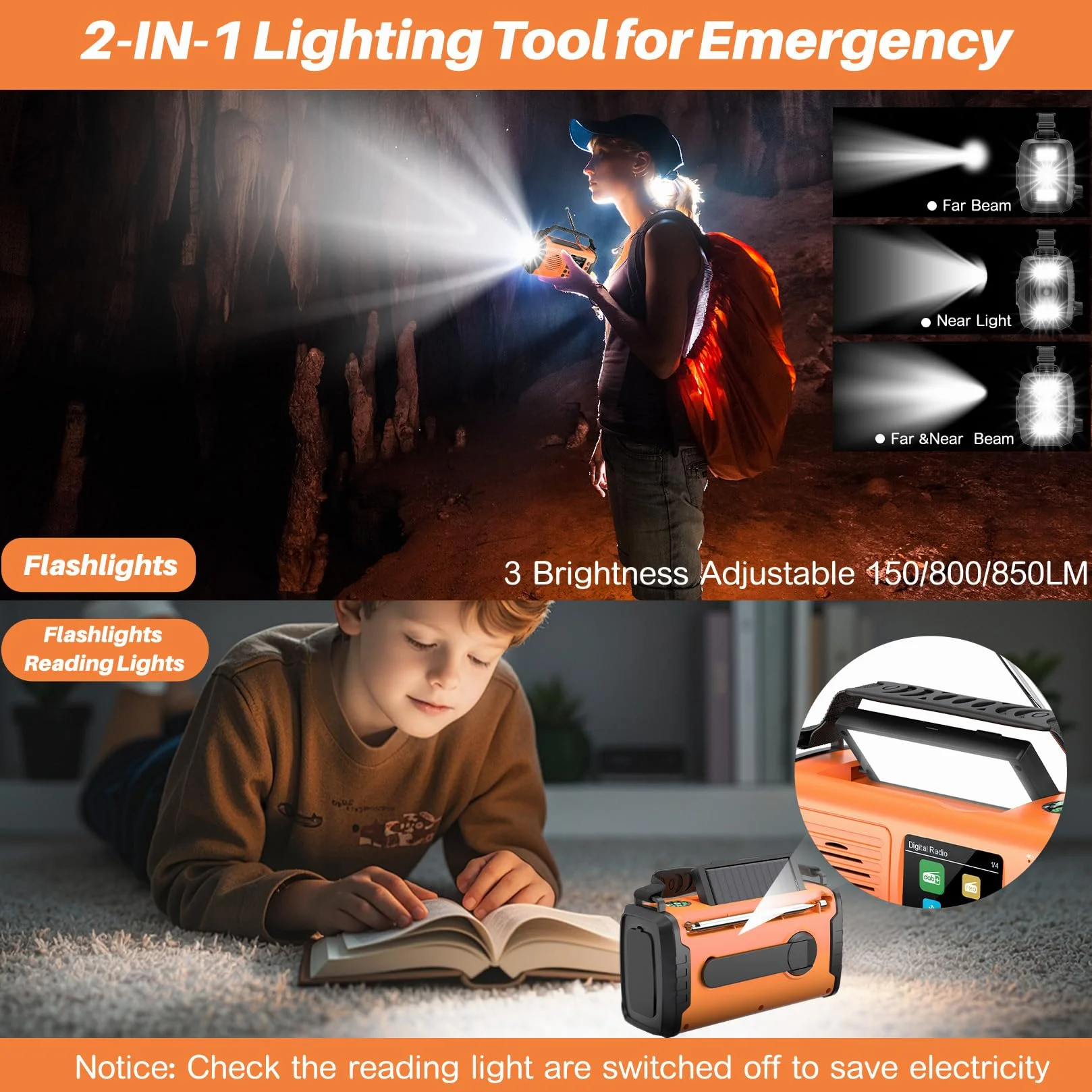 Radio A Manovella DAB+ FM 20000mAh Bluetooth Solare Emergenza con Sveglia, Torcia LED (Arancione)