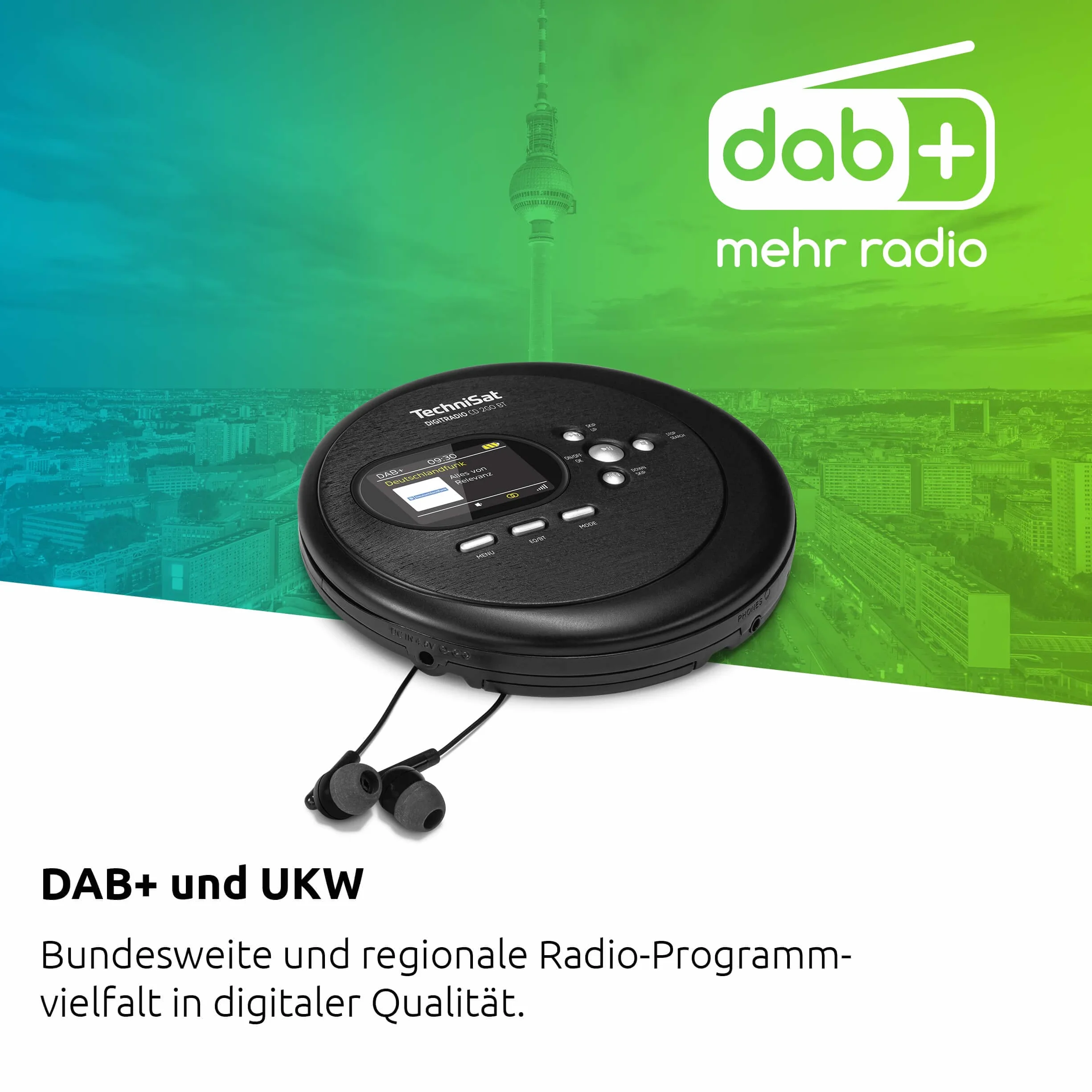 TechniSat DIGITRADIO CD 2GO BT - radio portatile DAB+ con lettore CD (DAB+, FM, MP3 con funzione resume, Bluetooth, ASP, jack per cuffie, equalizzatore, memoria preferita) nero