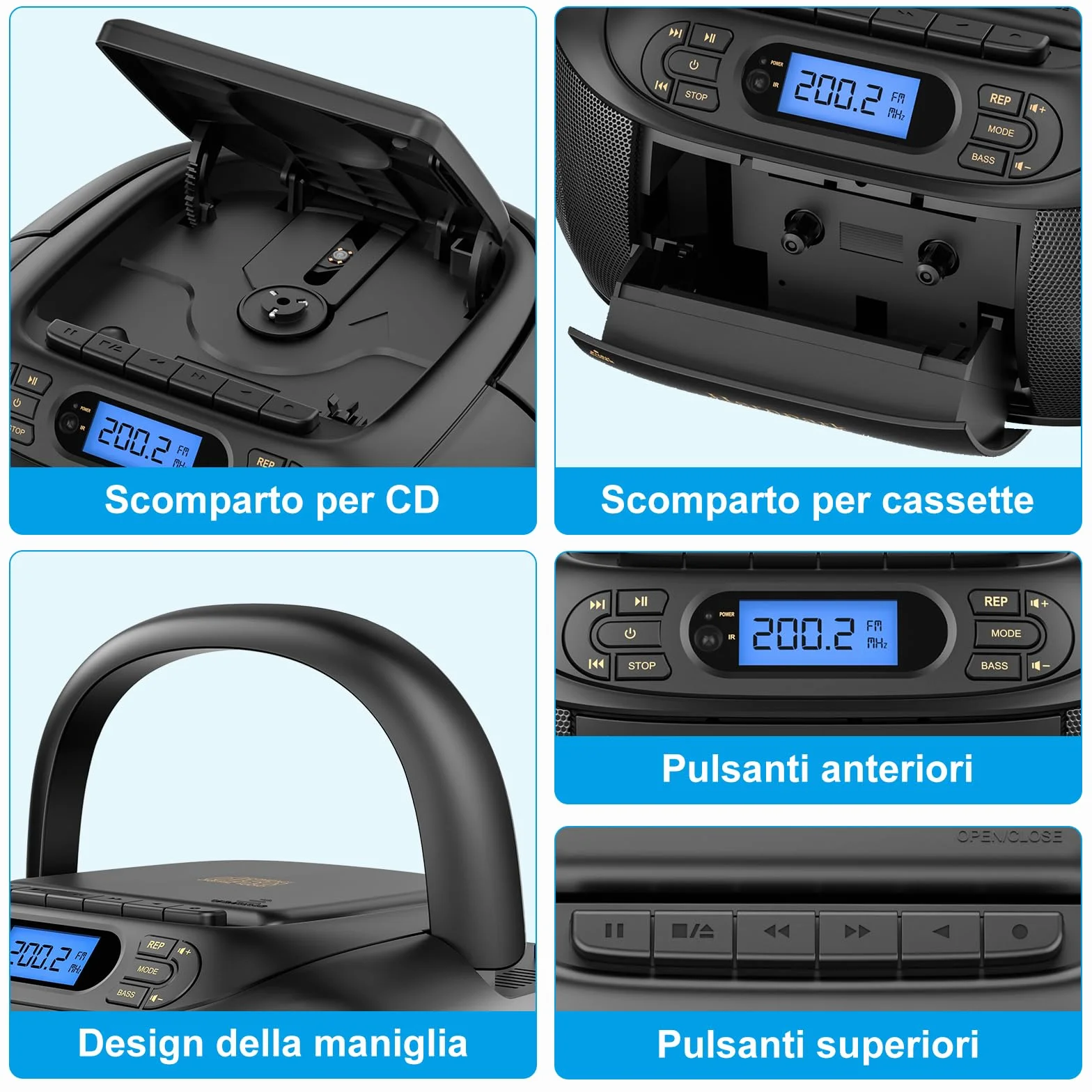 Lettore CD con Cassette, Radio FM Portatile, Lettore CD super basso Boombox con Bluetooth, Altoparlanti Stereo Incorporati, supporto AUX-In, Riproduzione USB, Uscita per cuffia