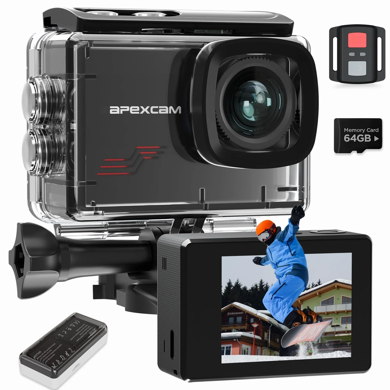 Apexcam M80 4K 60FPS 48MP WIFI EIS Action Cam Con 64GB Scheda 40M Fotocamera Subacquea Impermeabile Ultra HD Sport Camera 8X Zoom Pre-registrazione Wide Angle Con 2x1350 Batterie Kit Accessori
