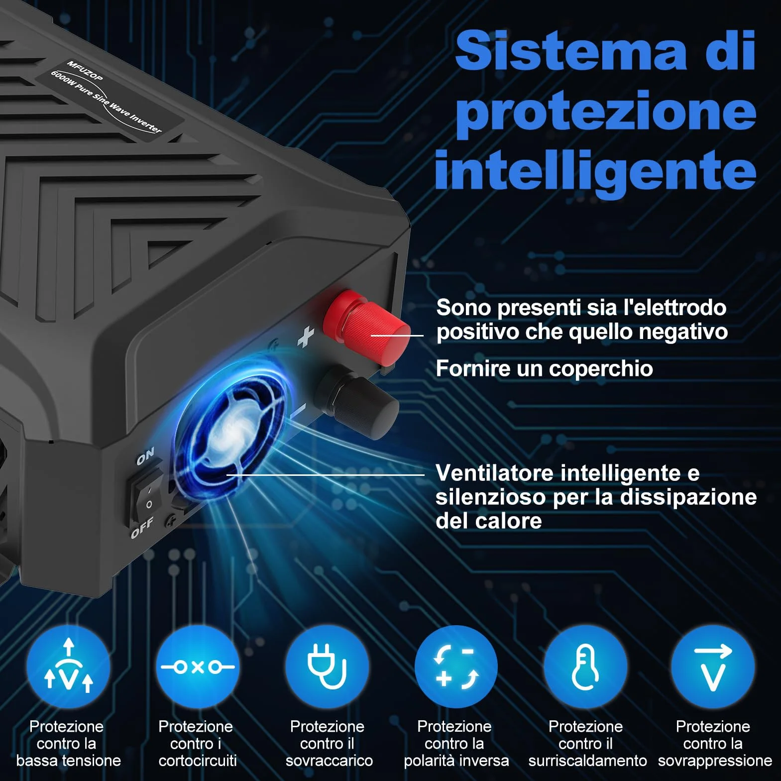 Power Inverter 48V/60V/72V a 230V Onda Pura 3000w/6000w, Convertitore di Tensione con Sistema di Rilevamento Intelligente, Ingresso Regolabile, Display LCD, 2 AC, 1 Type-C, 1 USB 5V 2.1A