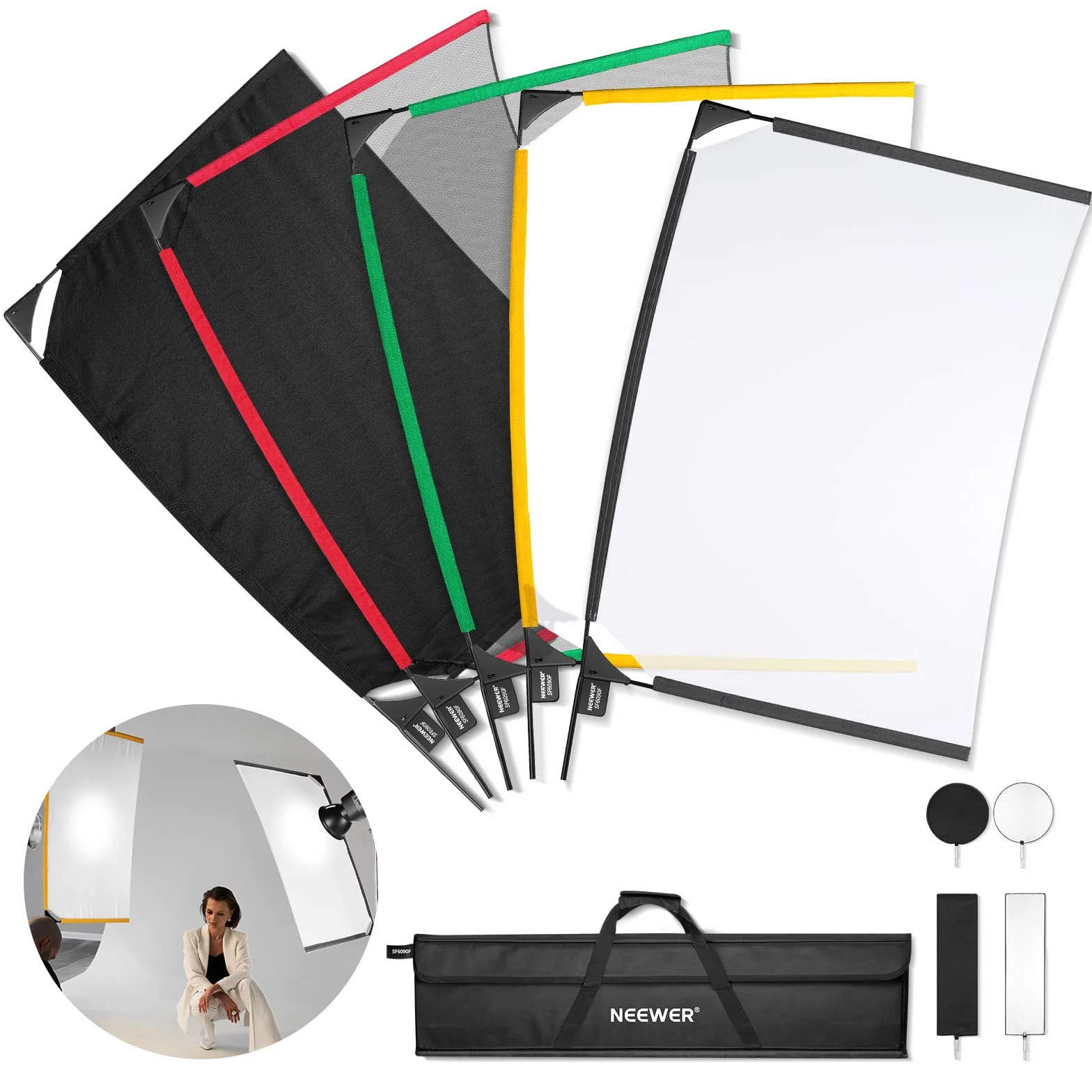 NEEWER SF6090F 5 in 1 Kit Bandiera Pieghevole per Fotografia, Riflettore, Modificatore di Luce per Effetti Morbidi, Diffusivi e luminosi, Borsa per il trasporto inclusa