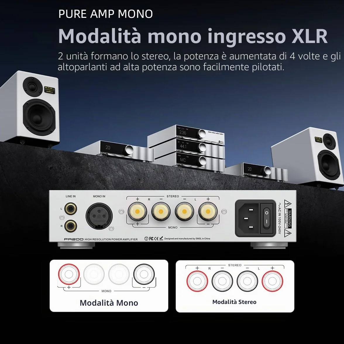 Amplificatore di potenza SMSL VMV PA200 con il nuovo GaN-FET di Infineon, stereo in modalità pass-through, chip PGA2311, ingresso XLR in modalità mono, RCA-Hi-Res