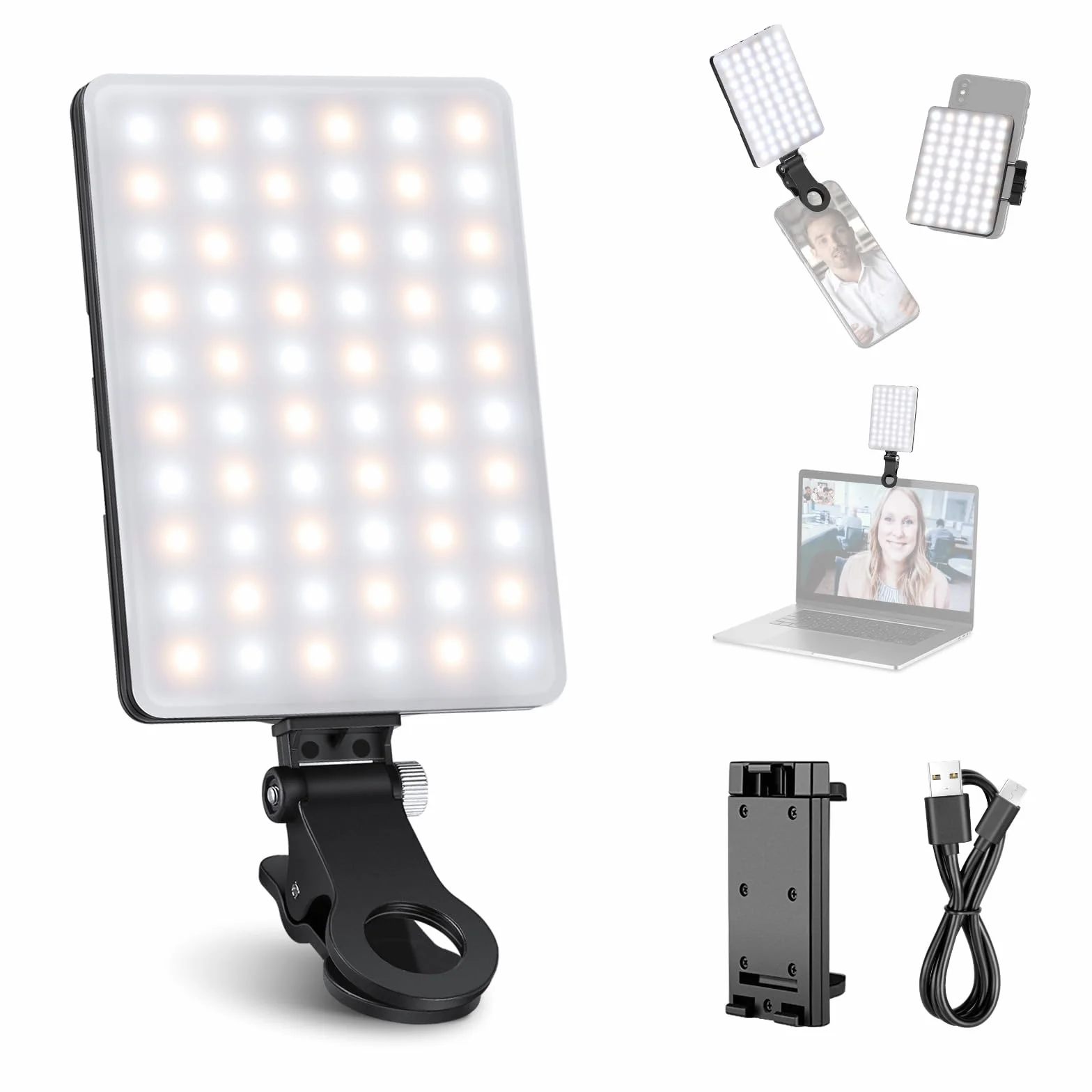 NEEWER LED Luce Selfie con Clips per Telefono, Luce Portatile per Foto Cellulare/Zoom Conferenza da Laptop, 60 LED Alta Potenza 2000mAh Ricaricabile CRI 95+, 3 Modalità di Luce, Luce Video per TikTok