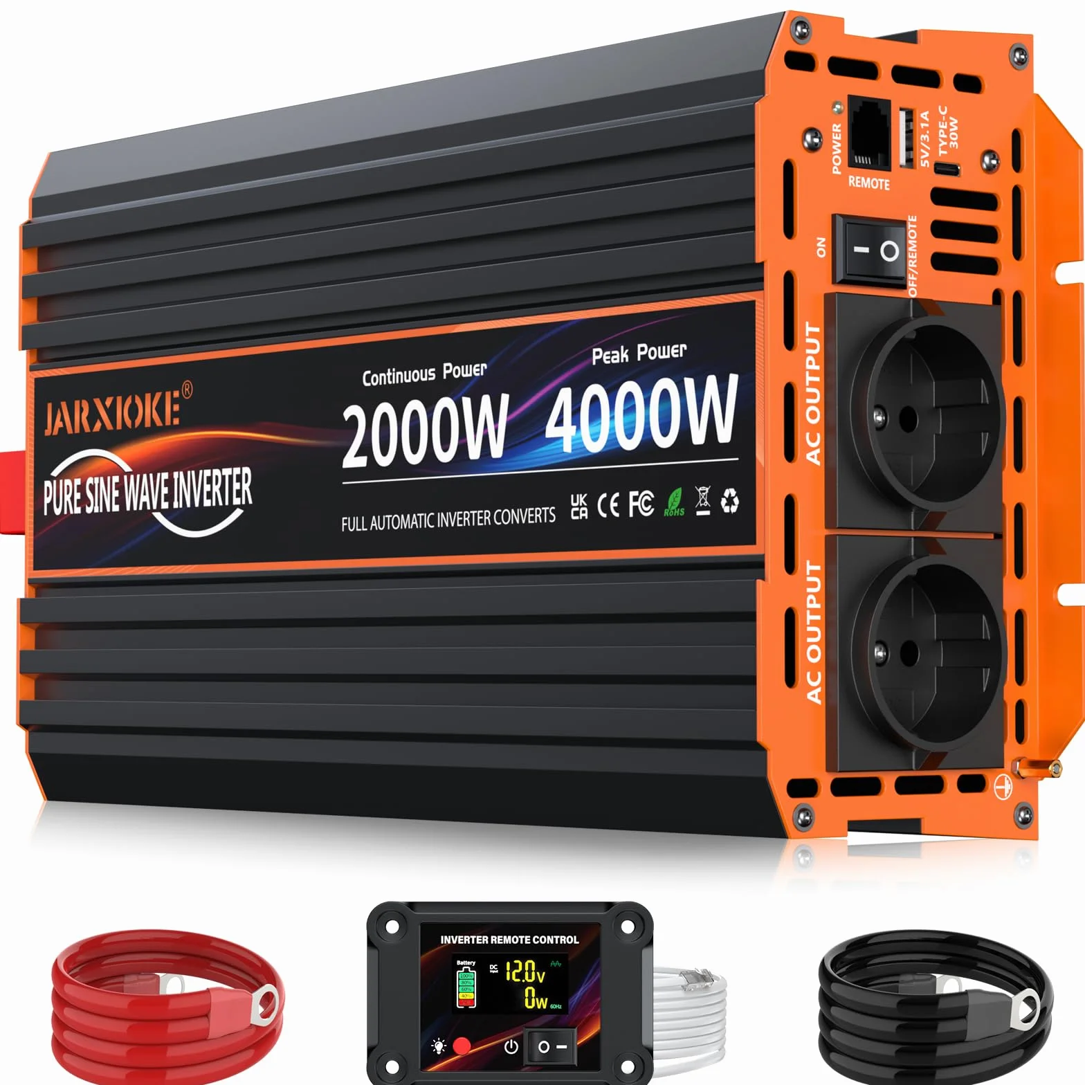 Inverter 12v 220v Onda Pura 2000W Invertitore di Potenza Convertitore di Alimentazione con LCD Telecomandoler & prese AC Doppie & USB-A &Porta di Tipo-C per Car Camper