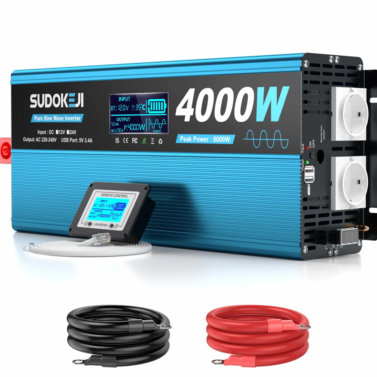 SUDOKEIJI Inverter 4000W Onda Sinusoidale Pura 12V a 230V Convertitore di Tensione con Telecomando Schermo LCD 2 Prese EU e 2 Porte USB per Camper Camion Campeggio Nautica