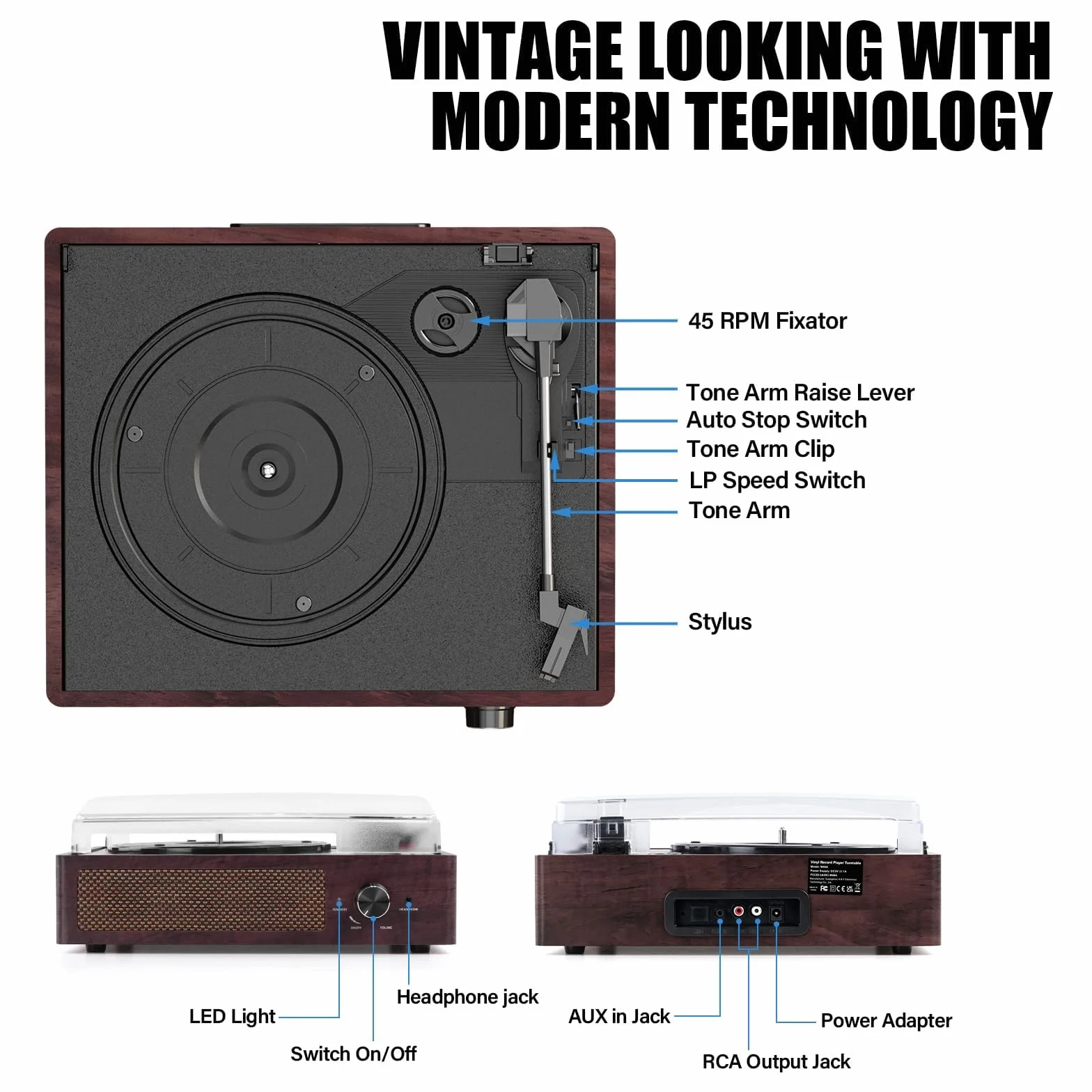 Giradischi Bluetooth Portatile a Tre Velocità (33 1/3, 45 E 78 Giri), Vintage Vinile Giradischi con Altoparlanti Stereo Integrati, supporta uscita RCA/Jack per cuffie Marrone