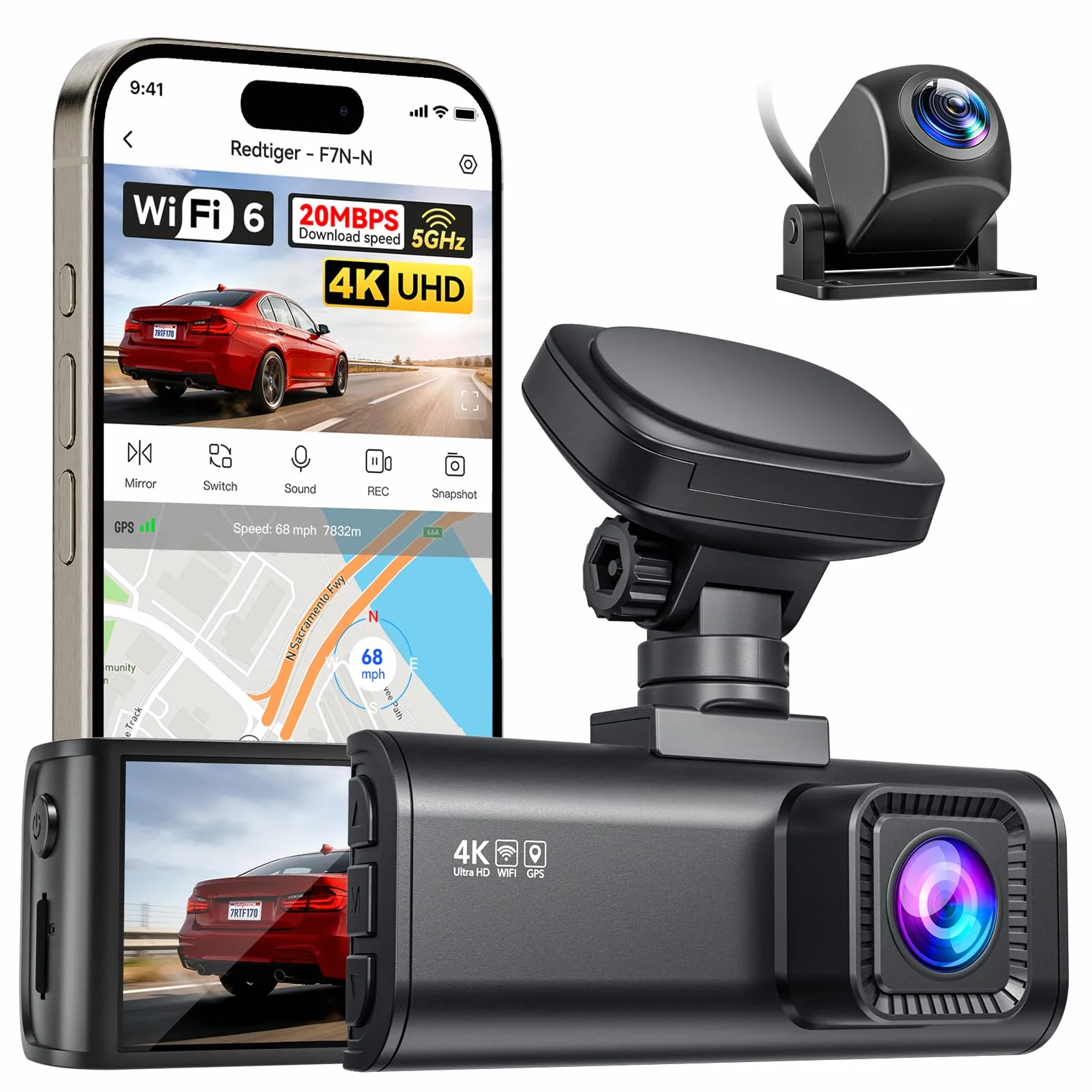 REDTIGER F7N-N Dash Cam Auto 4K Fronte e Retro, WiFi 5.8GHz 20MB/s con APP, Dashcam 2160P/FHD GPS Preciso, WDR, Schermo 3.18", Visione Notturna, Monitor Parcheggio 24H (Senza Scheda)
