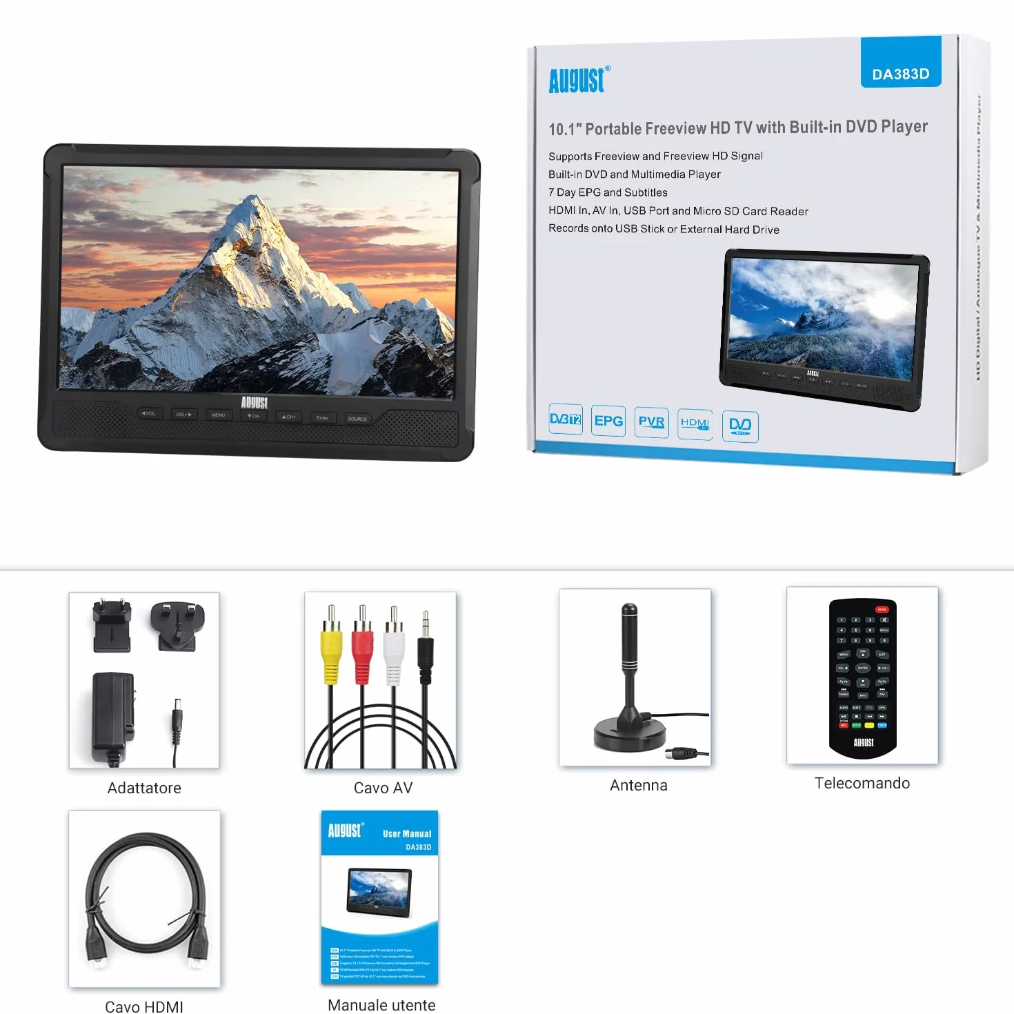 August DA383 10 Pollici TV Portatile con Lettore DVD Integrato, TDT DVB-T2, Batteria Ricaricabile, CD/DVD/USB/SD, HDMI, AV - Aux out
