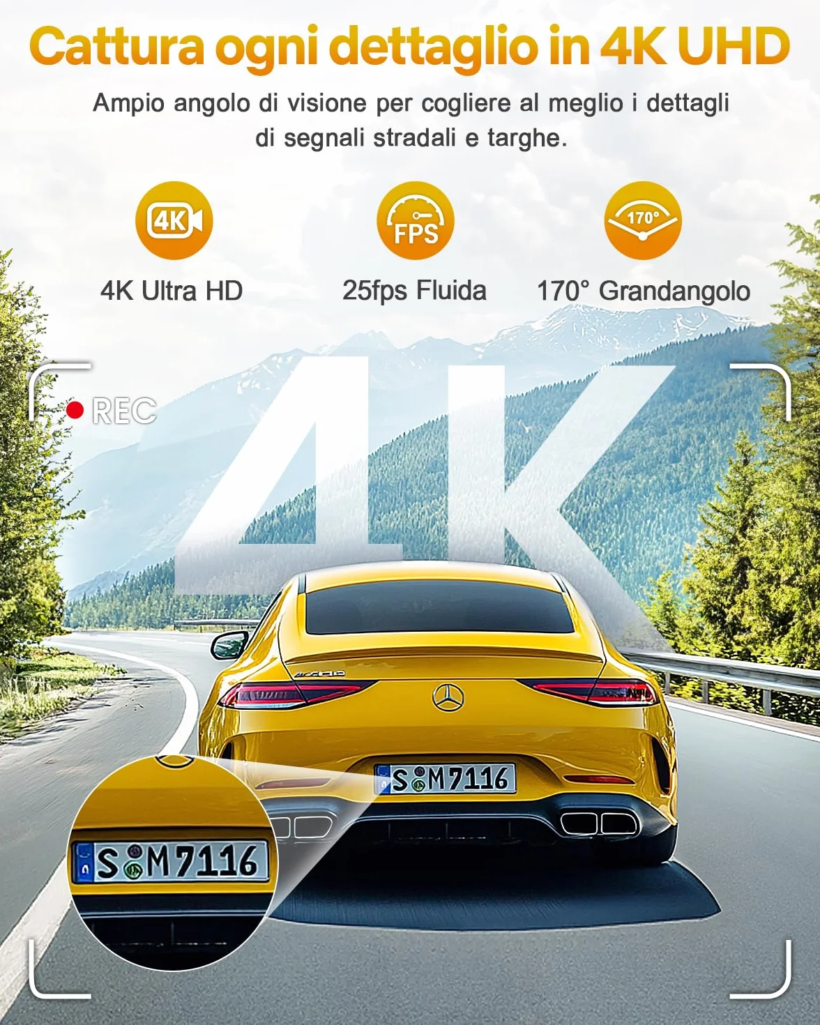 GKU Dash Cam Auto 4K,Dash Cam con UHD 2160P,DashCam Auto con WiFi integrato,Scheda SD 64G,24H Parking Monitor DashCam,Super Visione Notturna,170°Grandangolo,WDR,G-Sensor,Registrazione in Loop,Max 256G