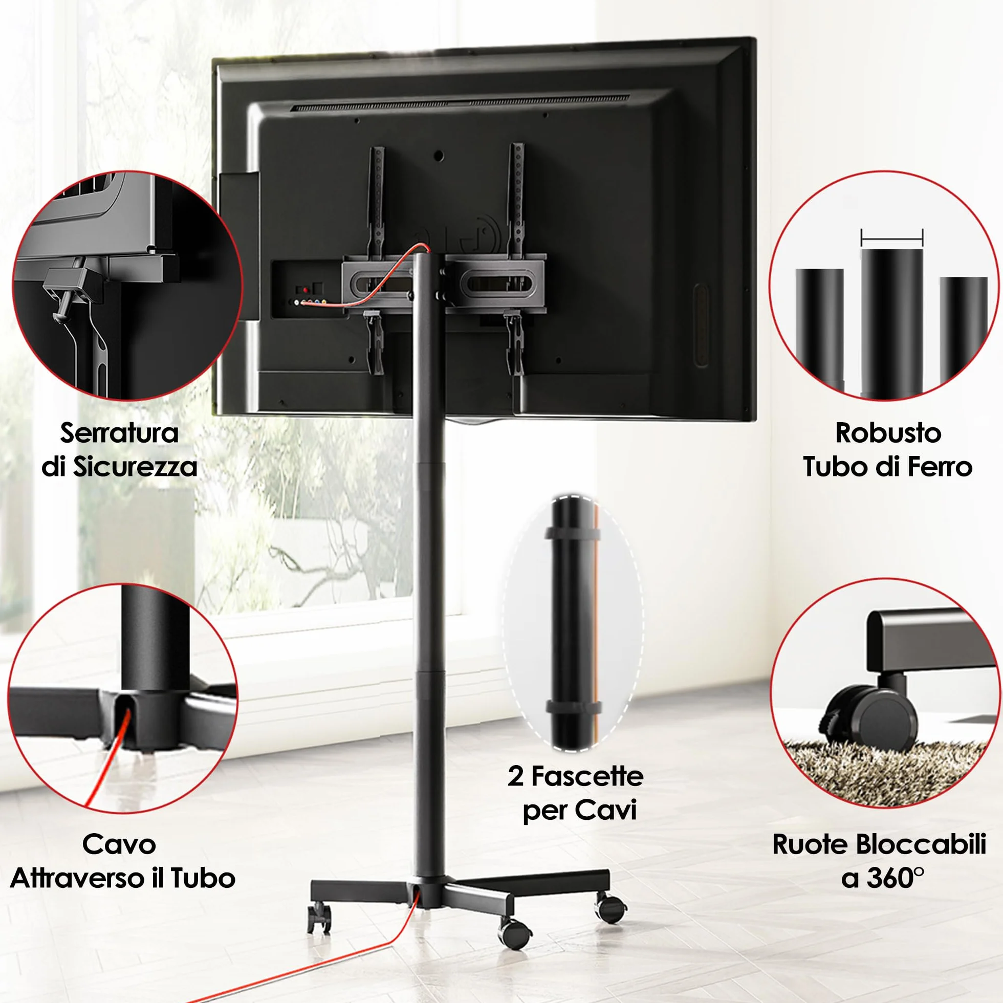 AOKCOS Carrello Porta TV 32-65 Cali, Supporto TV da Pavimento Regolabile, Inclinabile, VESA 400x400mm 40kg