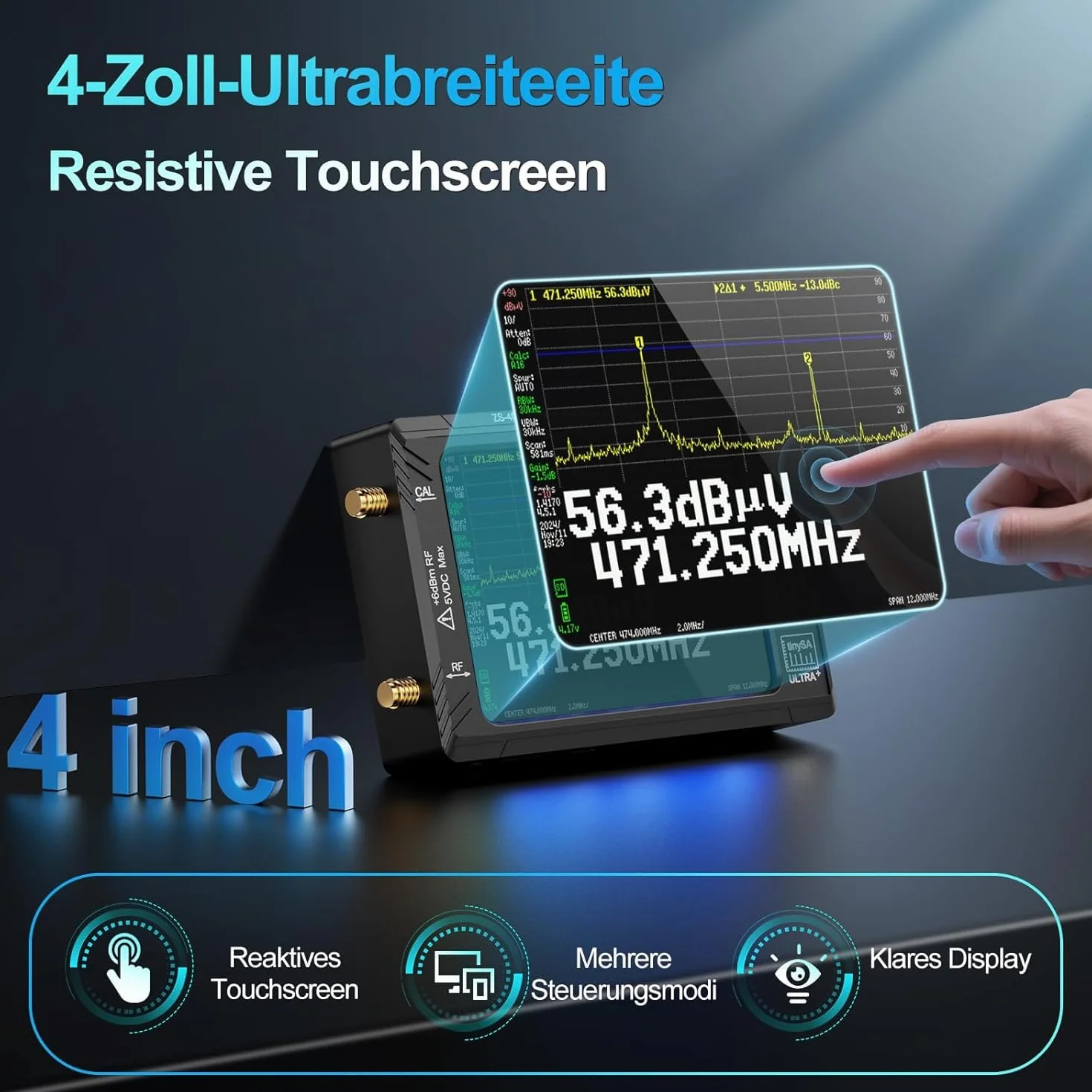 AURSINC Tinysa Ultra+ ZS407 - Analizzatore di spettro, 4,0 pollici, 100 kHz-7,3 GHz, Tinysa Handheld, generatore di segnale RF 2 in 1 da 100 kHz a 900 MHz, ingresso MF/HF/VHF/UHF, HW V0.5.4
