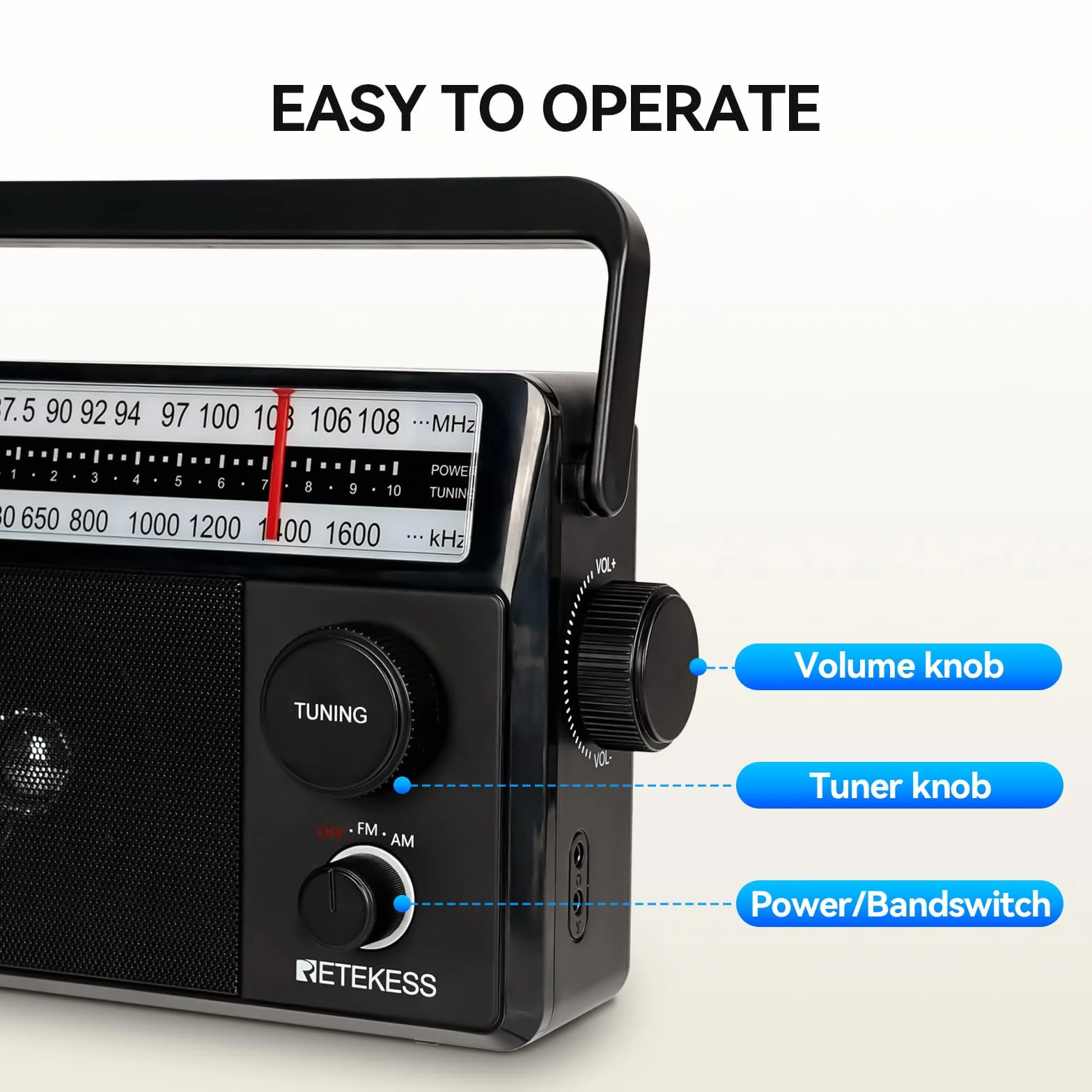 Retekess TR633 Radio Portatile, AM FM Radio,Transistore Radiolina Portatile, Jack per Cuffie,Con Altoparlante Grande, Semplice per anziani,Cucina,Per Camera da Letto(Nero)