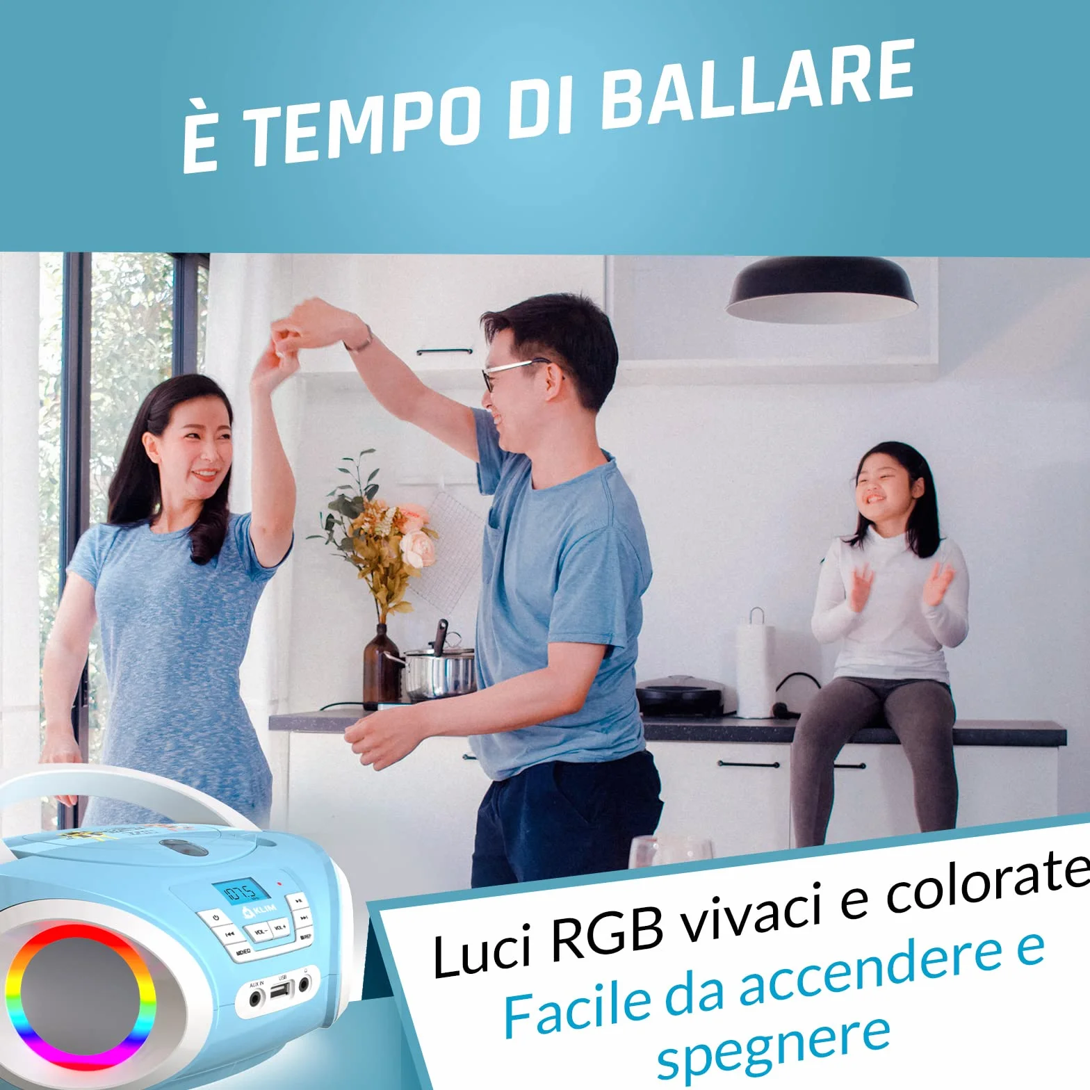 KLIM Candy Stereo per bambino NUOVO + Radio FM + Batterie incluse + Lettore CD Blu con altoparlanti e Radio + Regalo Perfetto