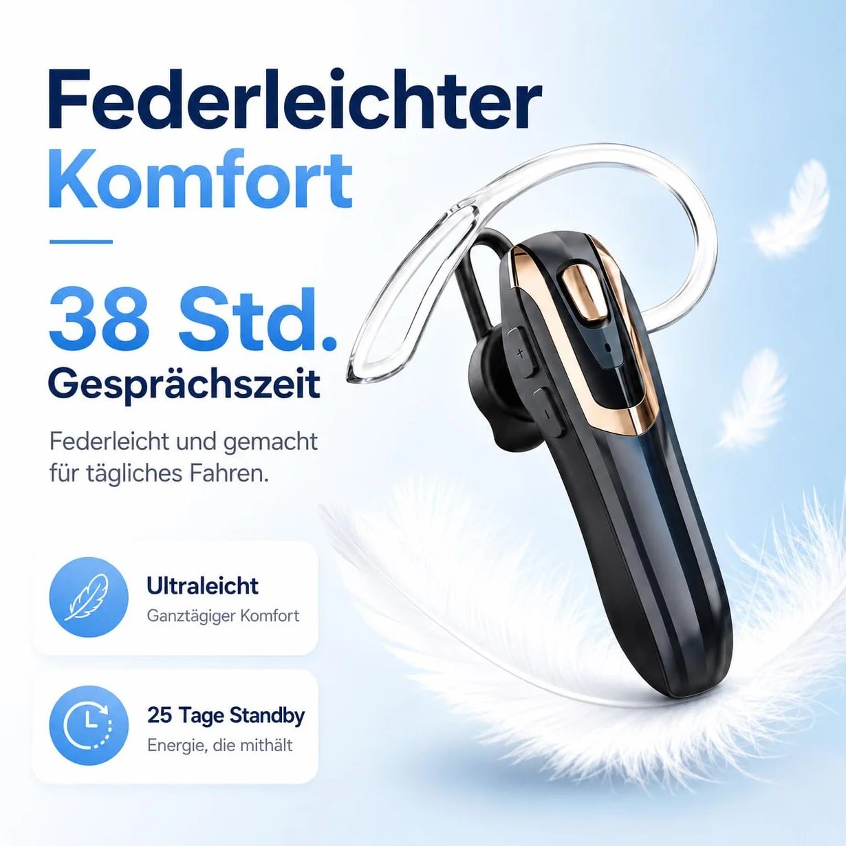 Micool Cuffie Bluetooth V6.0 con cancellazione del rumore AI & 38 ore di conversazione – Auricolari singoli, doppio accoppiamento, auricolare Bluetooth leggero per guida/ufficio/magazzino (nero/oro)