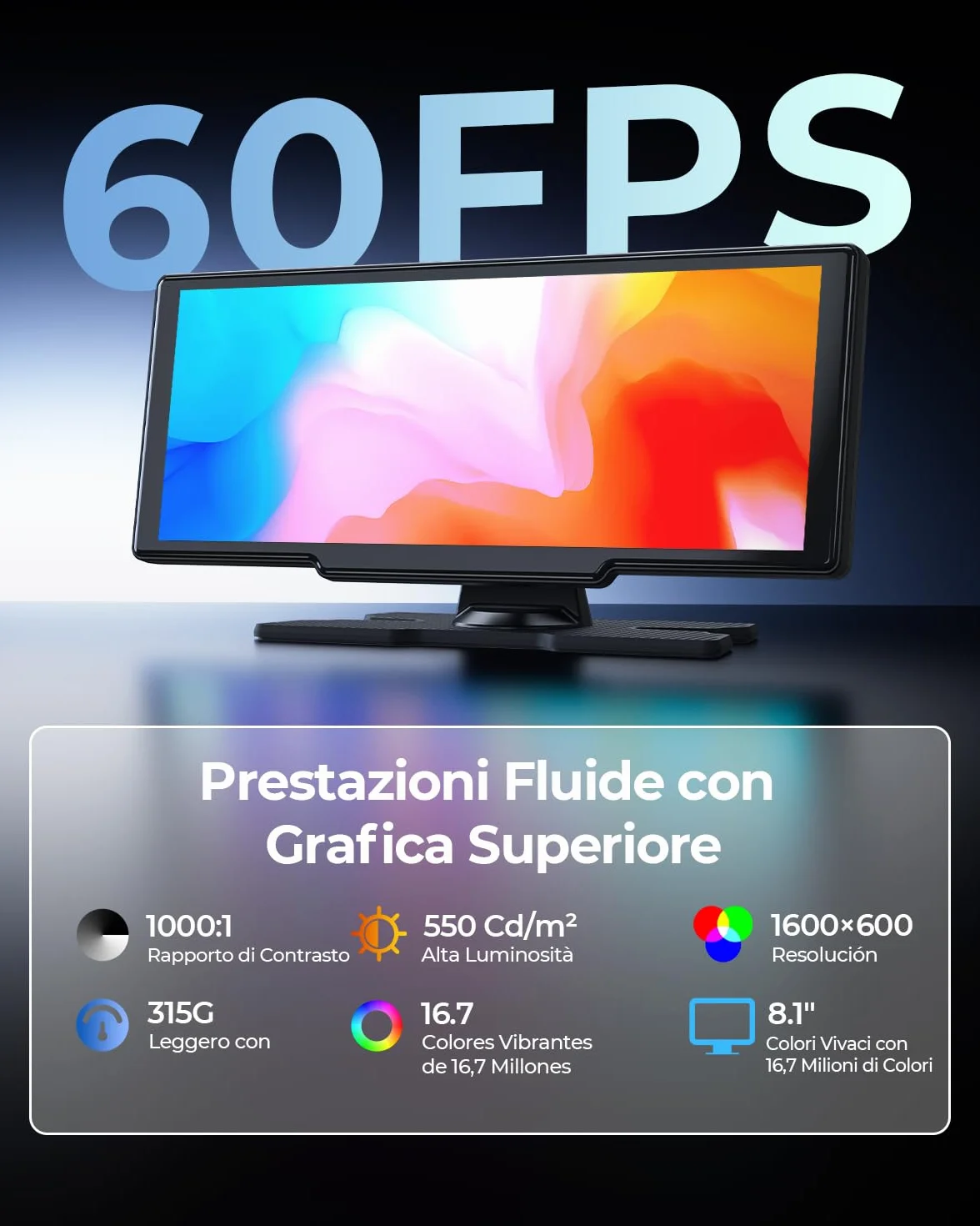 Schermo Portatile Wireless da 8，1" Car Play per Apple CarPlay & Android Auto, Aggiornamenti OTA, Telecamera di Retromarcia, Mirror Link, Bluetooth 5.0, Controllo Vocale, Navigazione GPS, FM