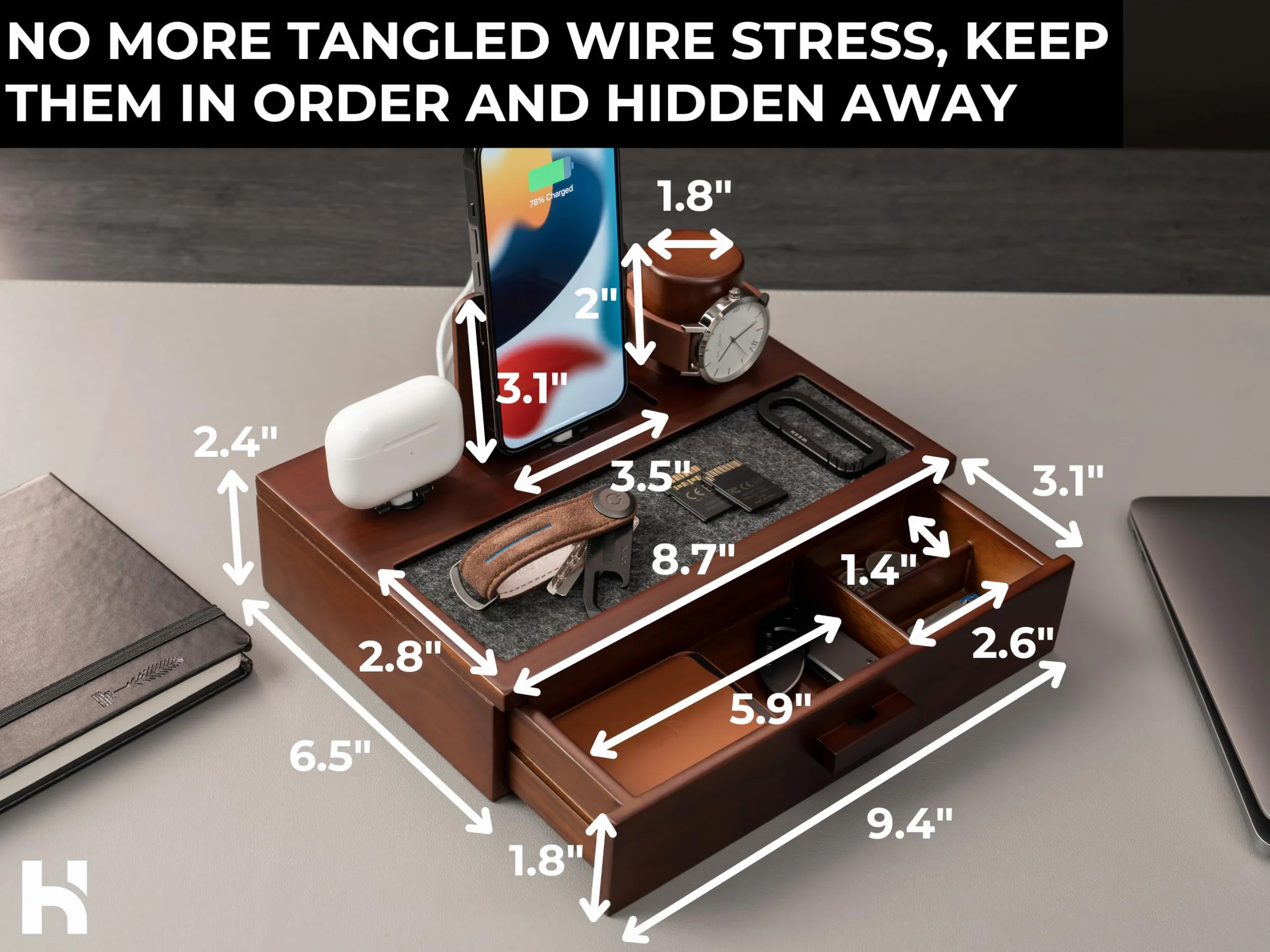 Holme & Hadfield Organizer da comodino da uomo, docking station unica in legno per caricare il telefono e gli auricolari, stazione di ricarica in legno con vassoio foderato e cassetto, docking station