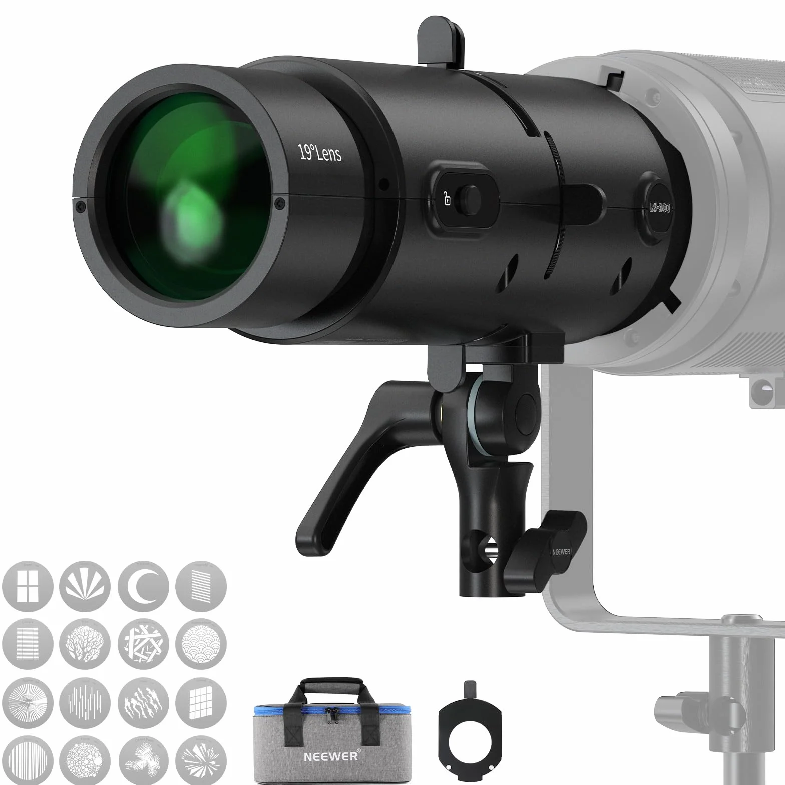 NEEWER LS-300 Snoot Ottico Spotlight per Luci Video LED Bowens da 300W con 16x Gobo Lente di Proiezione 19° Trasmissione Luce al 98% Forma Geometrica per Fotografia Creativa e Illuminazione Migliorata