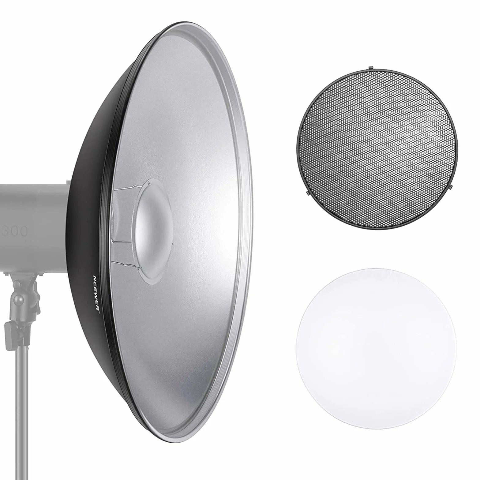 NEEWER Riflettore Bowens in metallo da 55 cm con diffusore bianco, griglia a nido d'ape per luce video flash stroboscopica compatibile con Godox AD600 NEEWER CB60 Q4 Vision 4 S101 Series, NK-NARC22