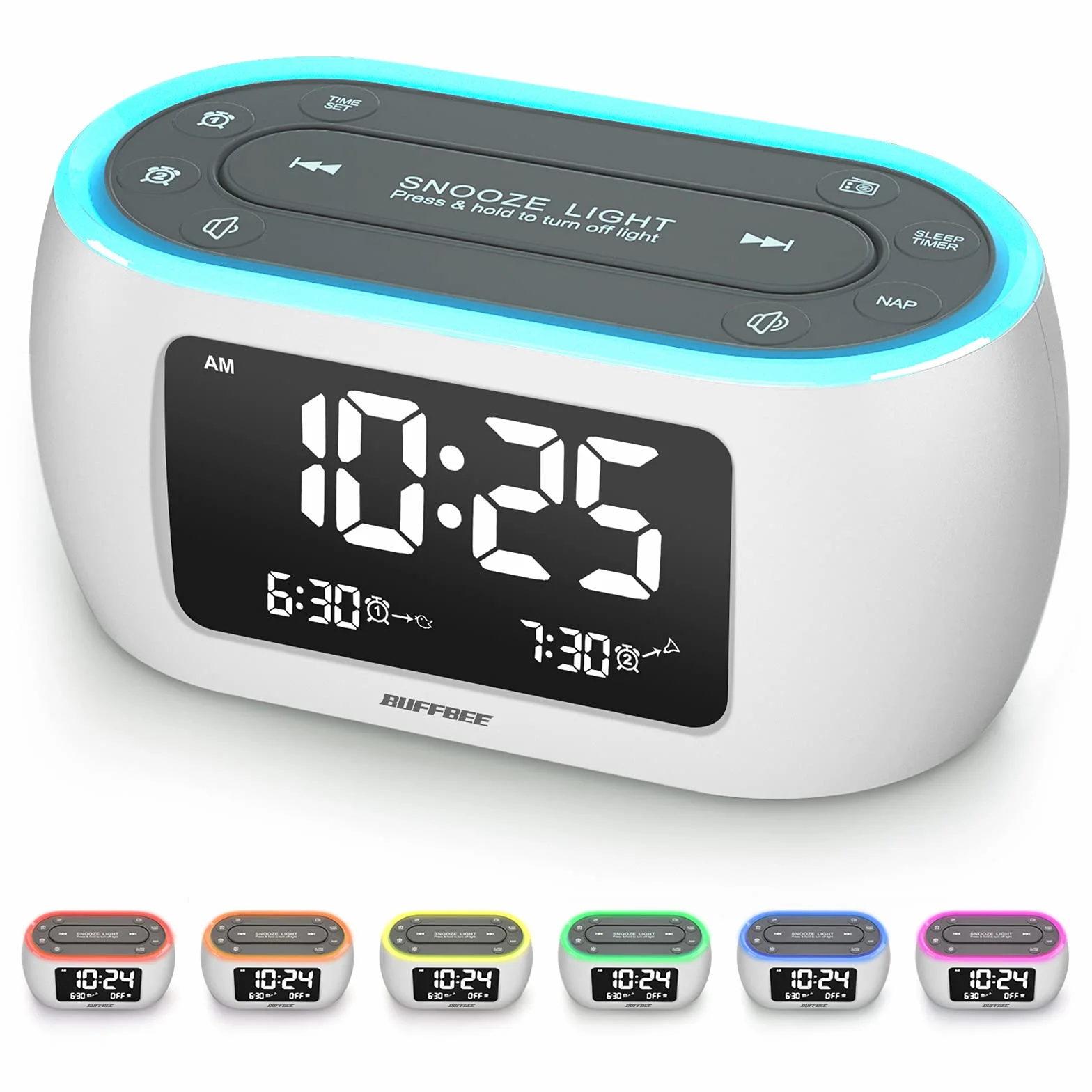 BUFFBEE Radio Sveglia con Luce Notturna 7 Colori, Doppio Allarme, Snooze, Dimmer, Porta USB, Timer Riposo, Sveglia Digitale con Radio FM, Timer Notte - Bianco