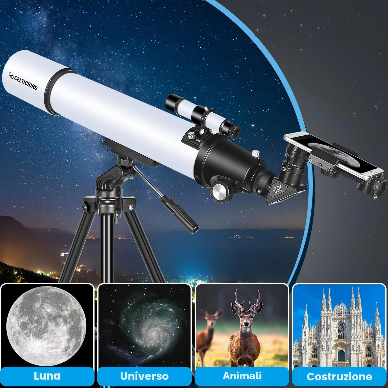 CELTICBIRD Telescopio per adulti ad alta potenza, telescopi da viaggio per adulti, regali per principianti di astronomia, telescopio rifrattore 900 con apertura da 80 mm con attacco AZ