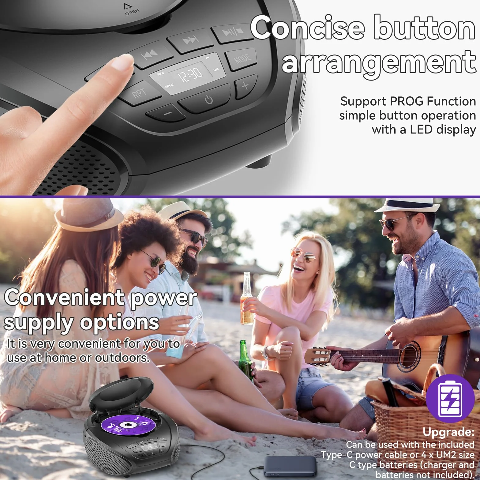 Gueray Lettore CD portatile Boombox Lettori CD audio domestici con altoparlanti Radio FM Ingresso AUX Supporto Cuffie Modalità playlist Riproduzione PROG per audiolibri da esterno e da interno