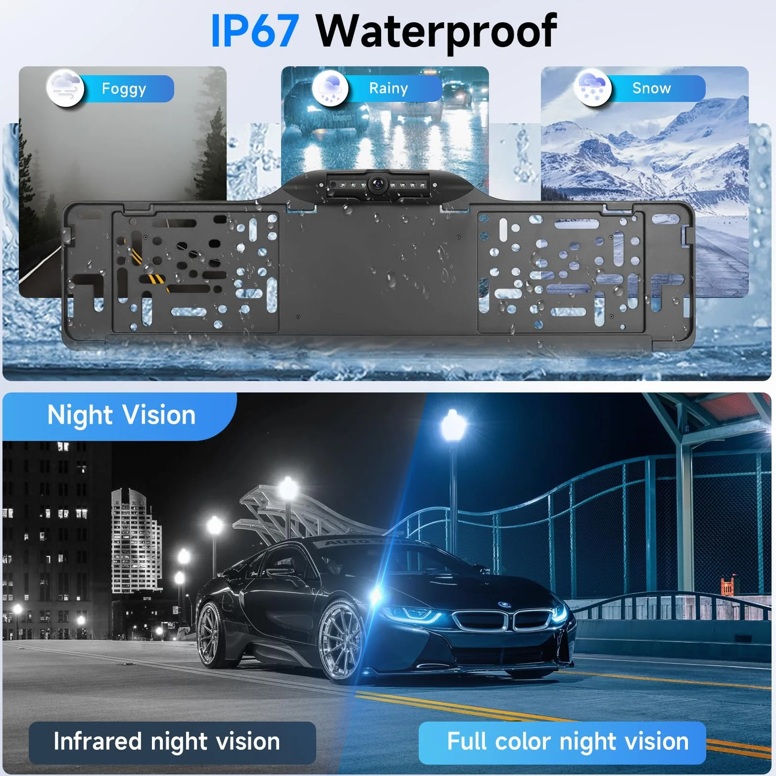Hodozzy Porta Targa per Telecamera Posteriore Auto HD 1080P con Porta Targa Universale Telecamera di Retromarcia Visione Notturna Impermeabile Angolo Regolabile Telecamera Retrocamera per Auto 12V