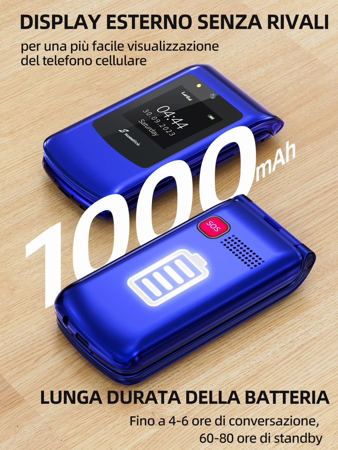 SweetLink F2 Plus Telefono Cellulare per Anziani, Flip Cellulare Anziani con Tasti Grandi, Contatti con Immagini, Base di Ricarica, Volume Alto, Funzione SOS, Doppia SIM,Pantalla 2.4", Blu
