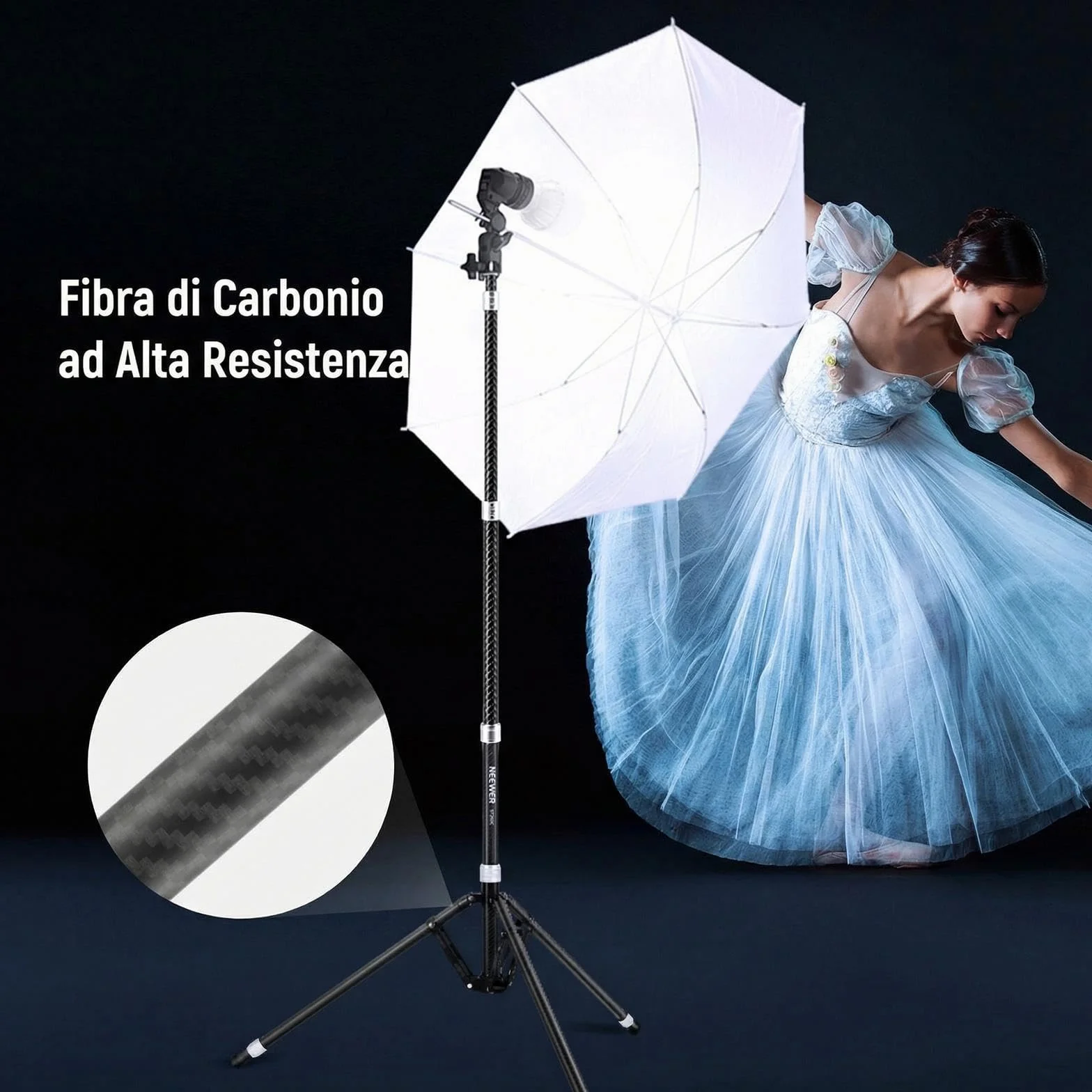 NEEWER Treppiede Luce in Fibra Carbonio con Gambe Reversibili, Stativo Luci Fotografiche Portatile Leggero 89-260cm per Strobo Softbox Ring Light Action Cam DSLR per Streaming Video, Max 3kg, ST260C