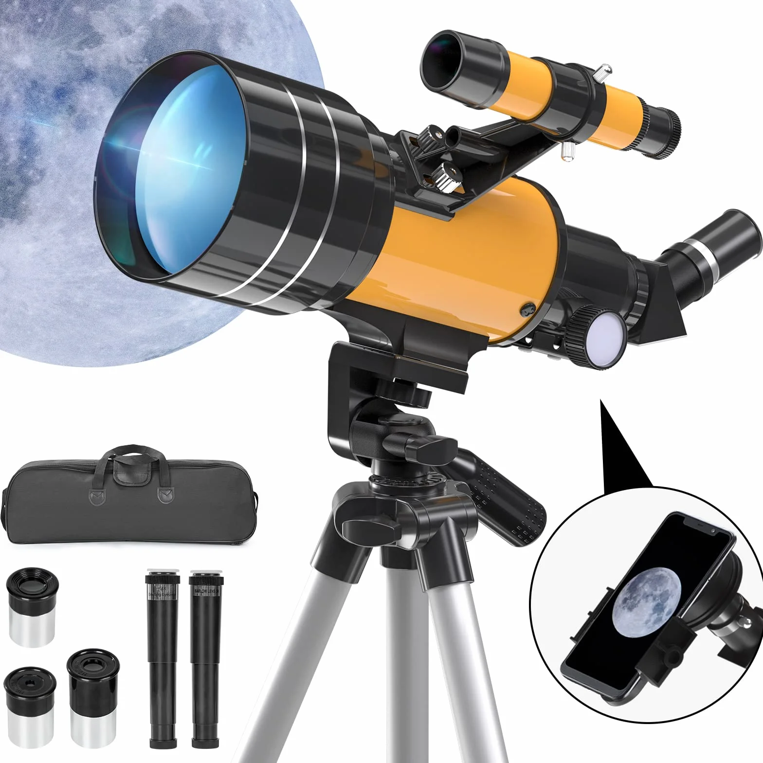 Telescopio Astronomico, 70/300mm Professionale Rifrattore Telescopio con Cercatore, Treppiede Regolabile, Adattatore Telefonico, per Principianti Adulti Bambini Hobbisti per Osservare La Luna, 15-150X