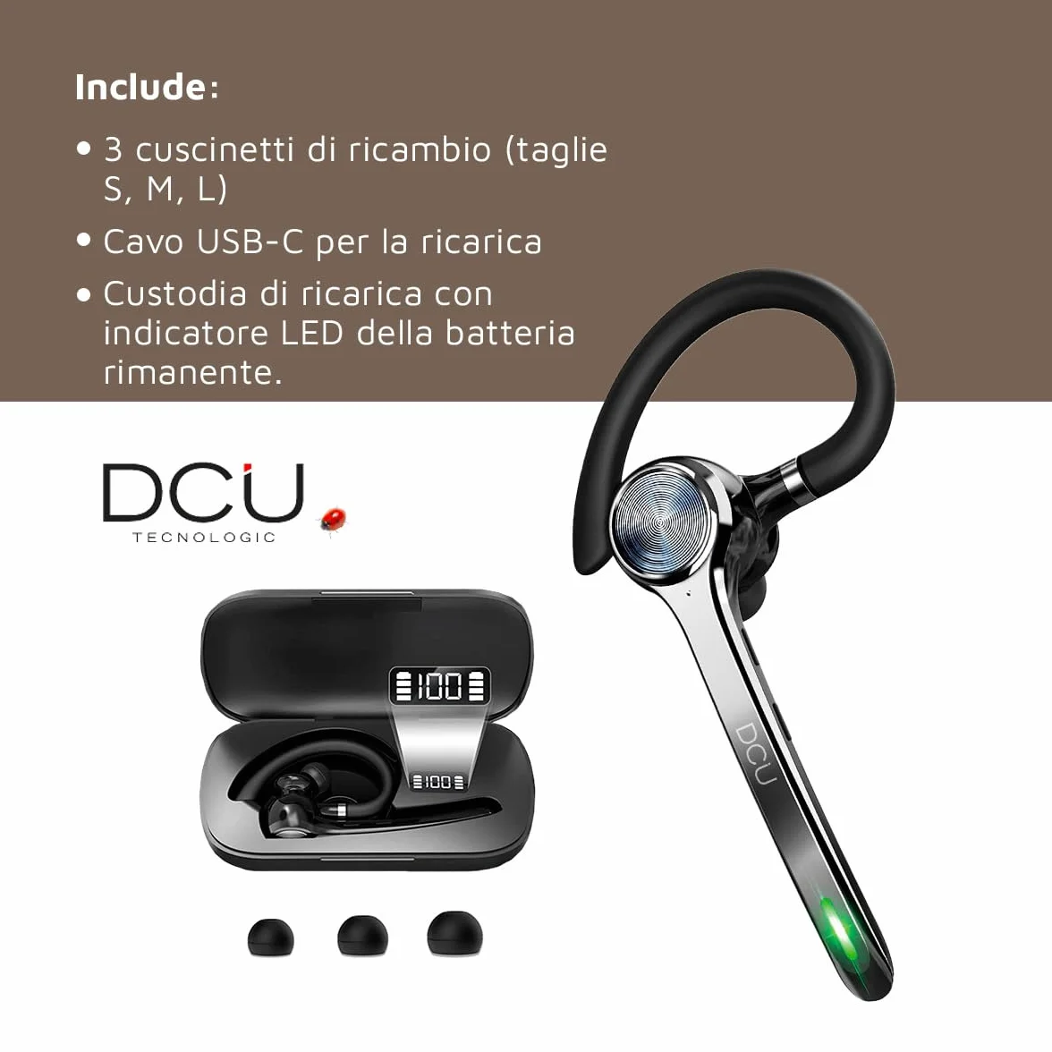 DCU TECNOLOGIC - Auricolare Mono Bluetooth 5.0 Action Pro - Auricolare wireless - Effettua e riceve chiamate - Connettività a doppio punto