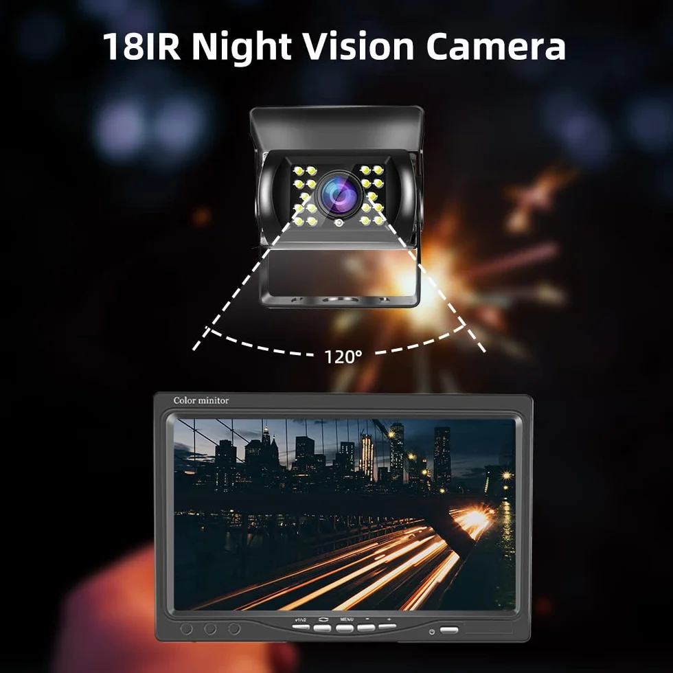 Kit Telecamera Retromarcia con 7 Pollici monitor HD, Telecamera Backup Impermeabile IP68 Visione Notturna 18IR, Telecamera Posteriore Auto con Cavo 4 Pin 20 m 12V-24V per Camper/Camion/Bus/Rimorchi