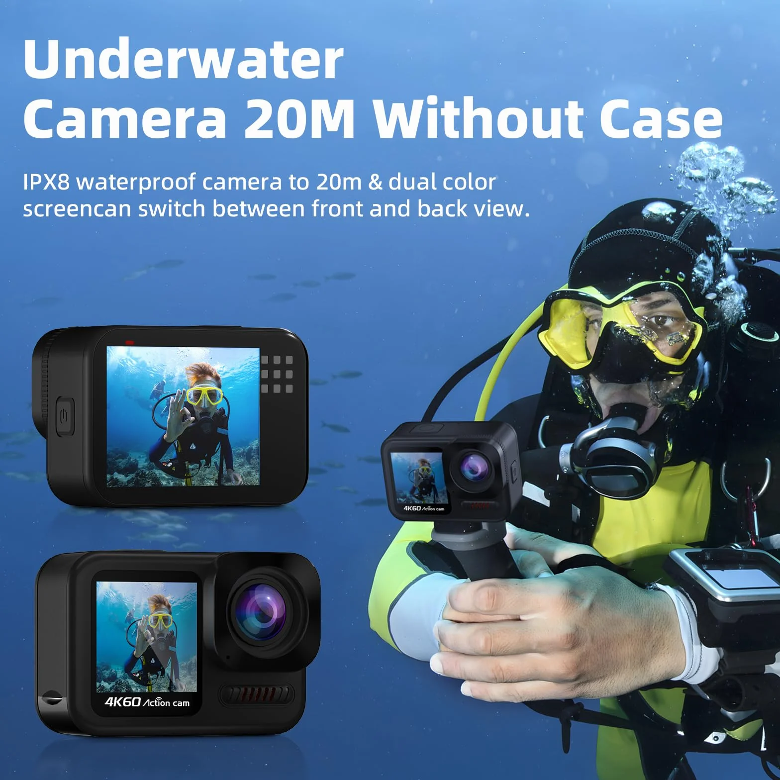 4K60FPS Action Cam con scheda SD da 64G, Fotocamera Subacquea 20M, Videocamera Sportiva con Touchscreen da 48MP, 8X zoom WIFI Videocamera con Telecomando,EIS Telecamera Sott'acqua
