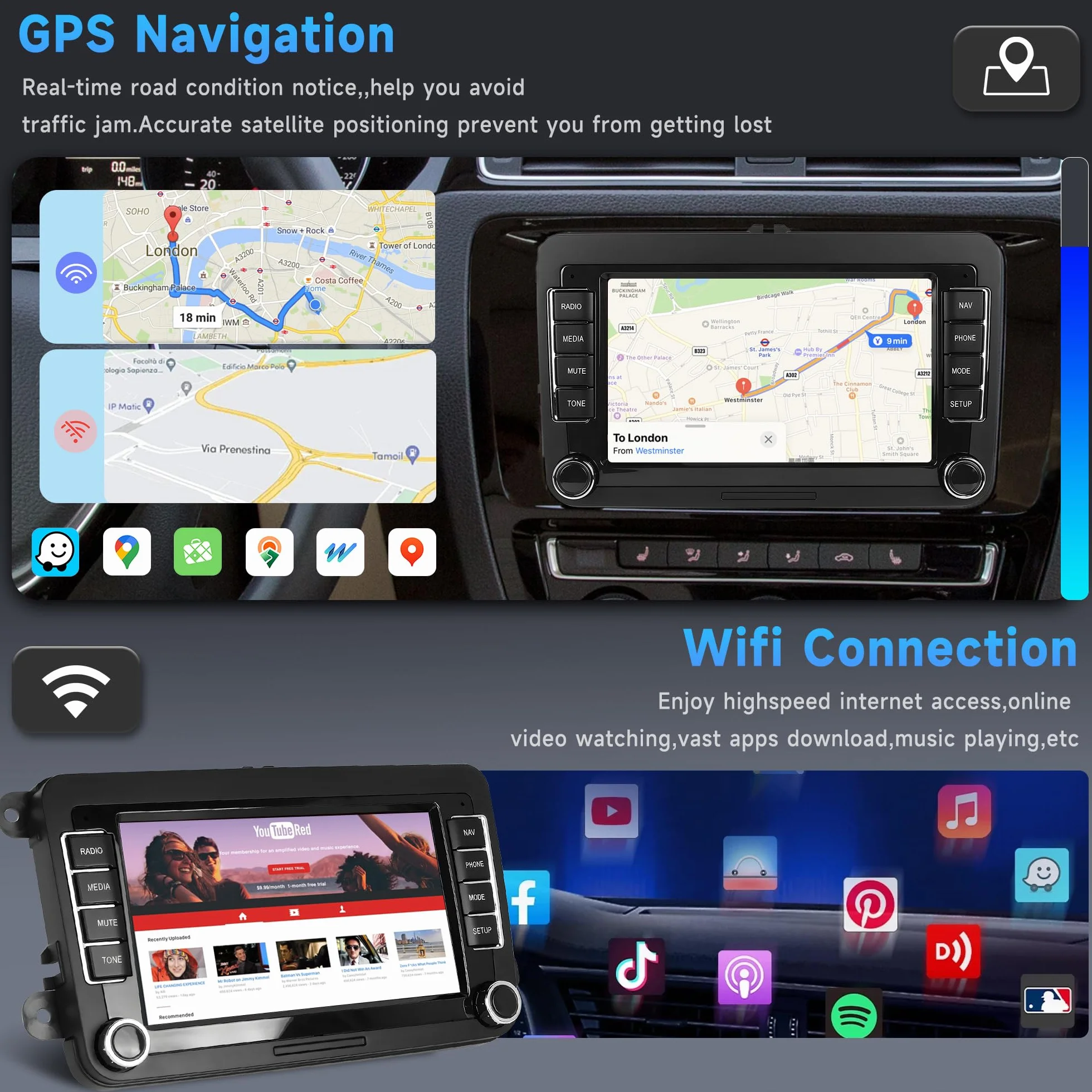 2G+64G Android Autoradio per VW Golf 5 6 Passat Polo Tiguan Touran Caddy Skoda Seat 7 Pollici Wireless Carplay Autoradio con Android Auto GPS Navi WiFi Bluetooth FM/RDS Telecamera Posteriore