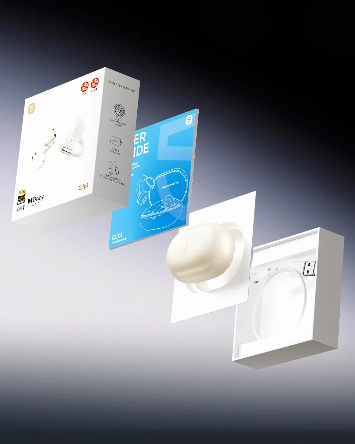 SoundPEATS Clip1 Open-Ear Auricolari, con Hi-Res e LDAC, Audio Dolby, Autonomia di 40 Ore, Ricarica Rapida, Bluetooth 5.4, Connessione Multipla, IPX5, Rilevamento Uso, PeatsAudio APP