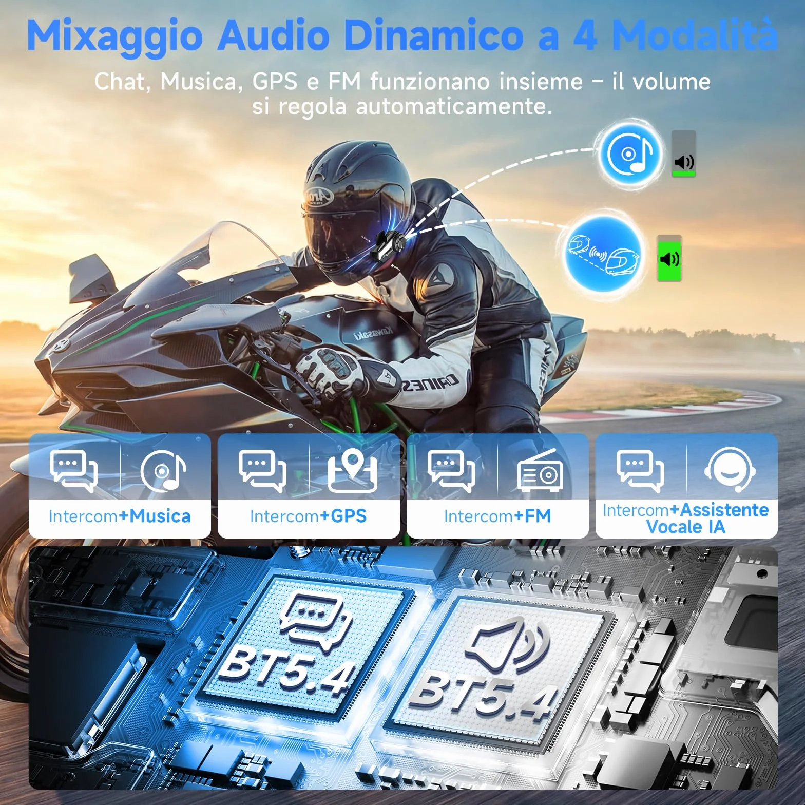 Moman Interfono Moto Coppia H2S Auricolare Casco Moto 1000M Sistema Comunicazione Riduzione Rumore Tripla Audio Multifunzione Hi-Fi Stereo Radio FM Controllo Vocale AI IPX6 Impermeabile